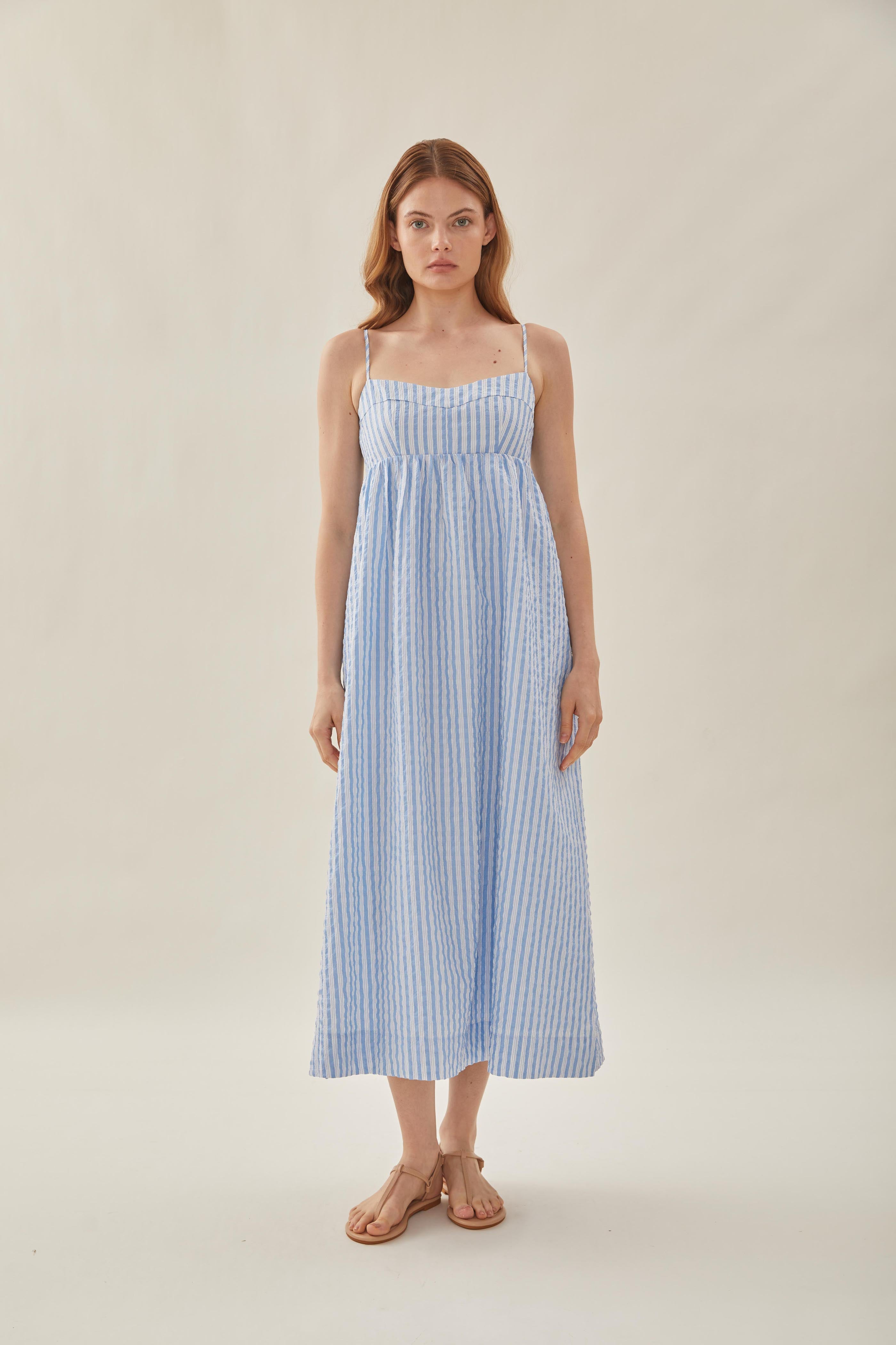 Bustier Gathered Midi Dress in Stripe Blue