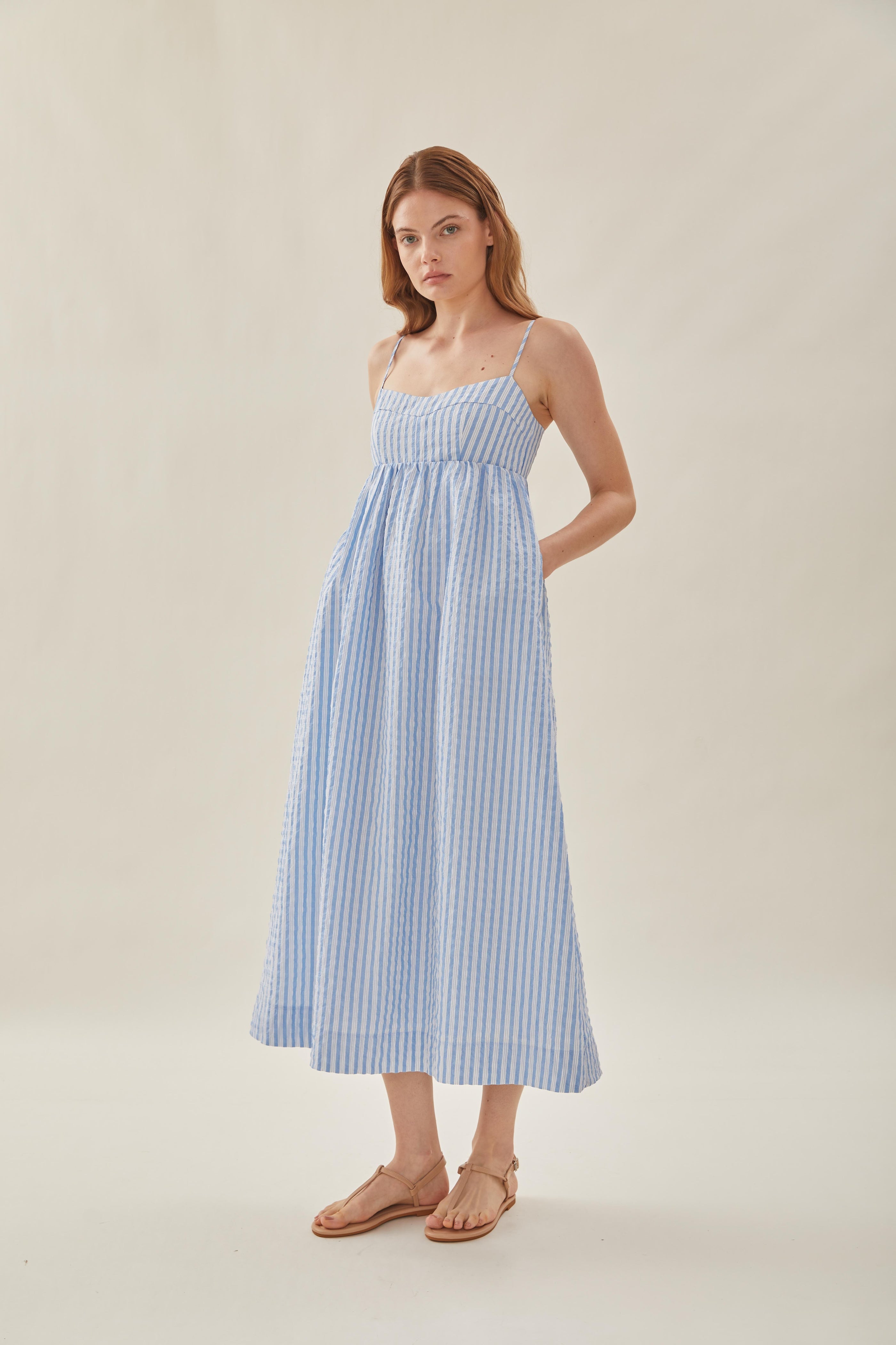 Bustier Gathered Midi Dress in Stripe Blue