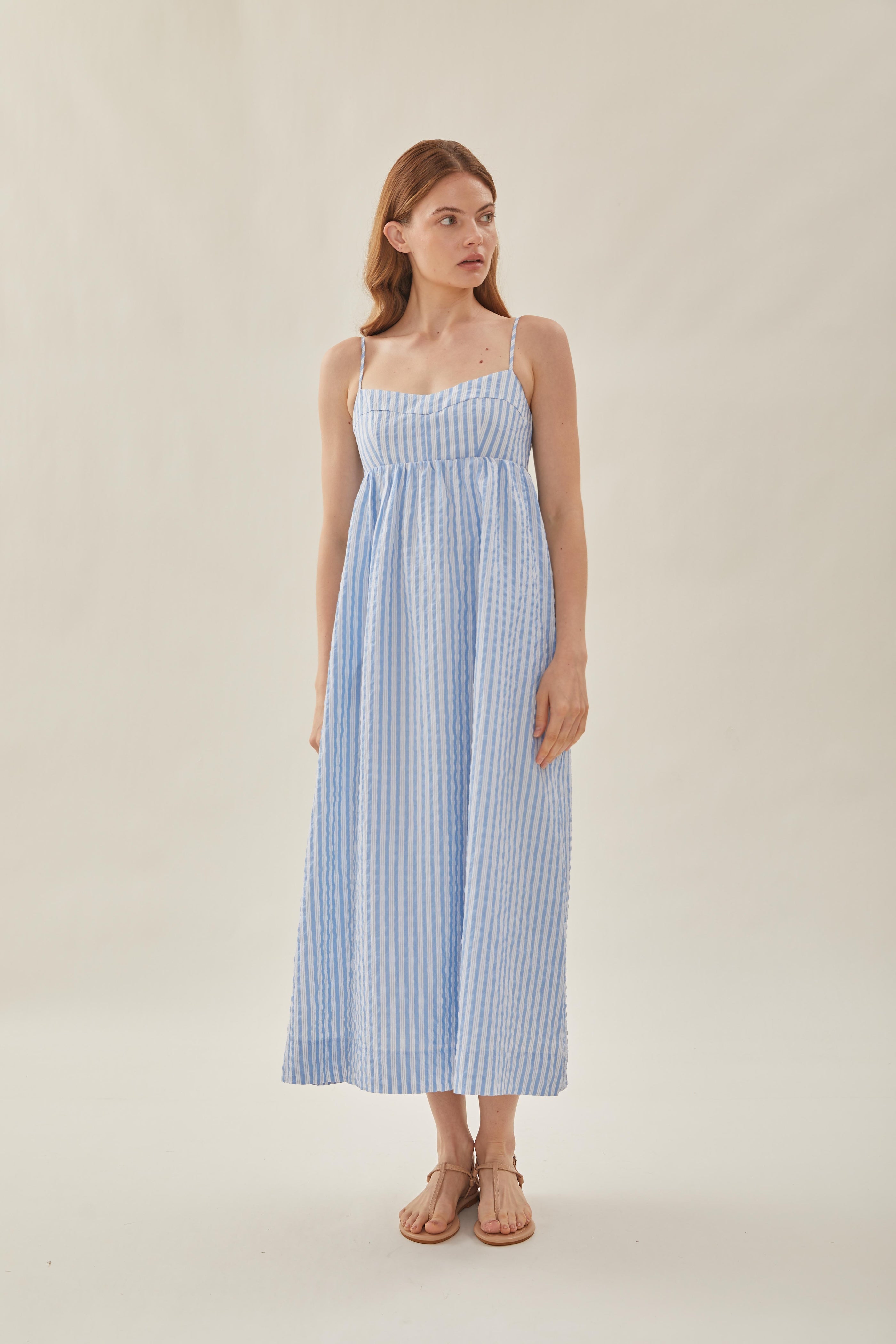 Bustier Gathered Midi Dress in Stripe Blue