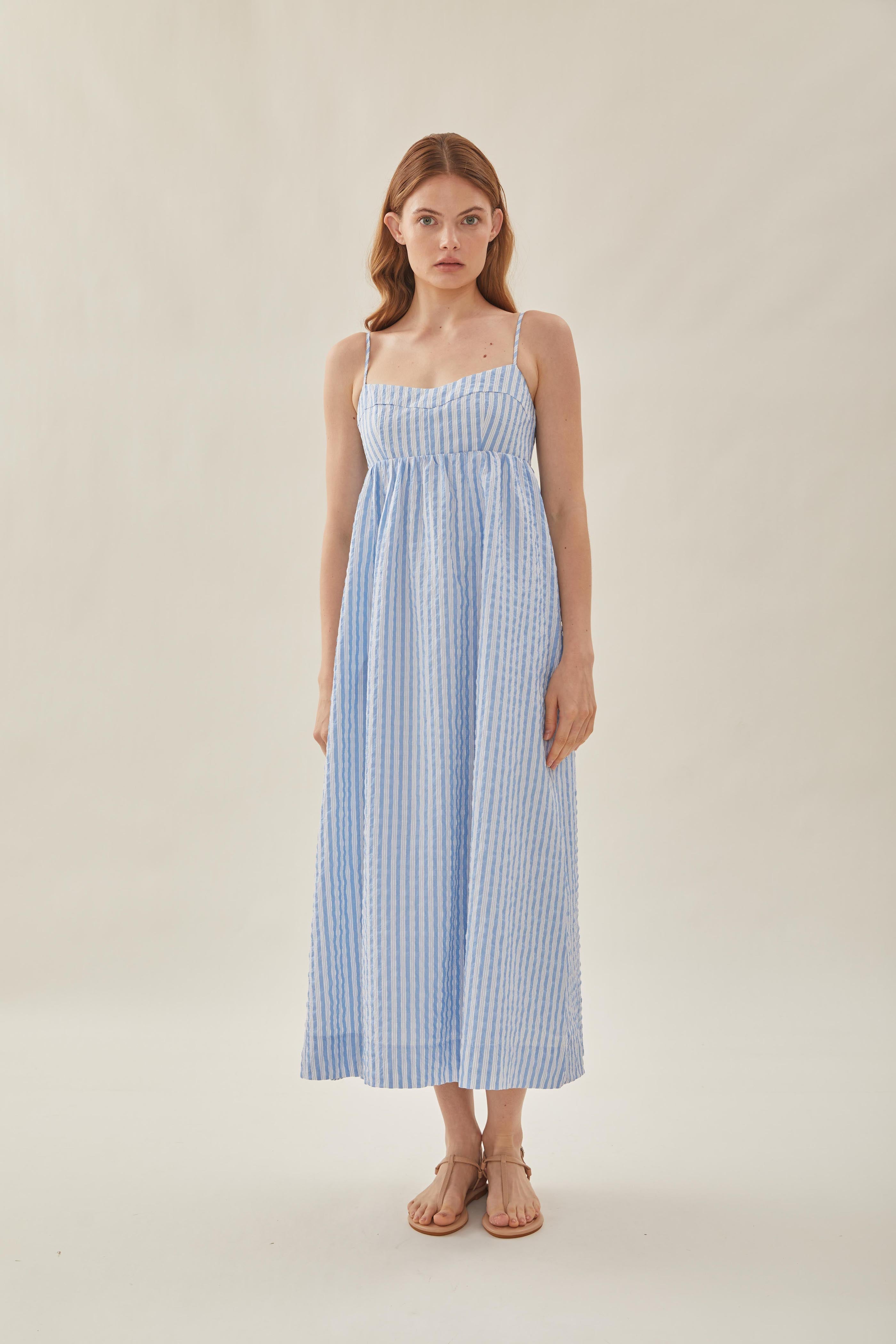 Bustier Gathered Midi Dress in Stripe Blue