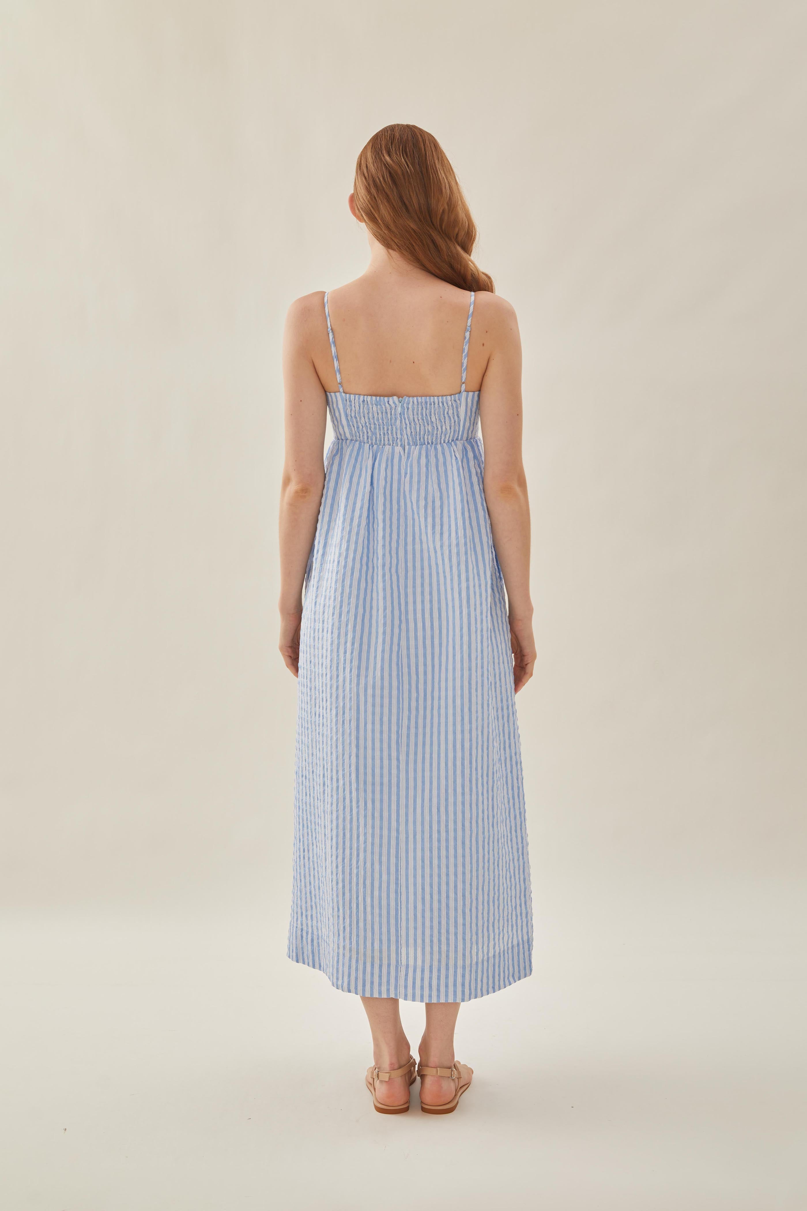 Bustier Gathered Midi Dress in Stripe Blue