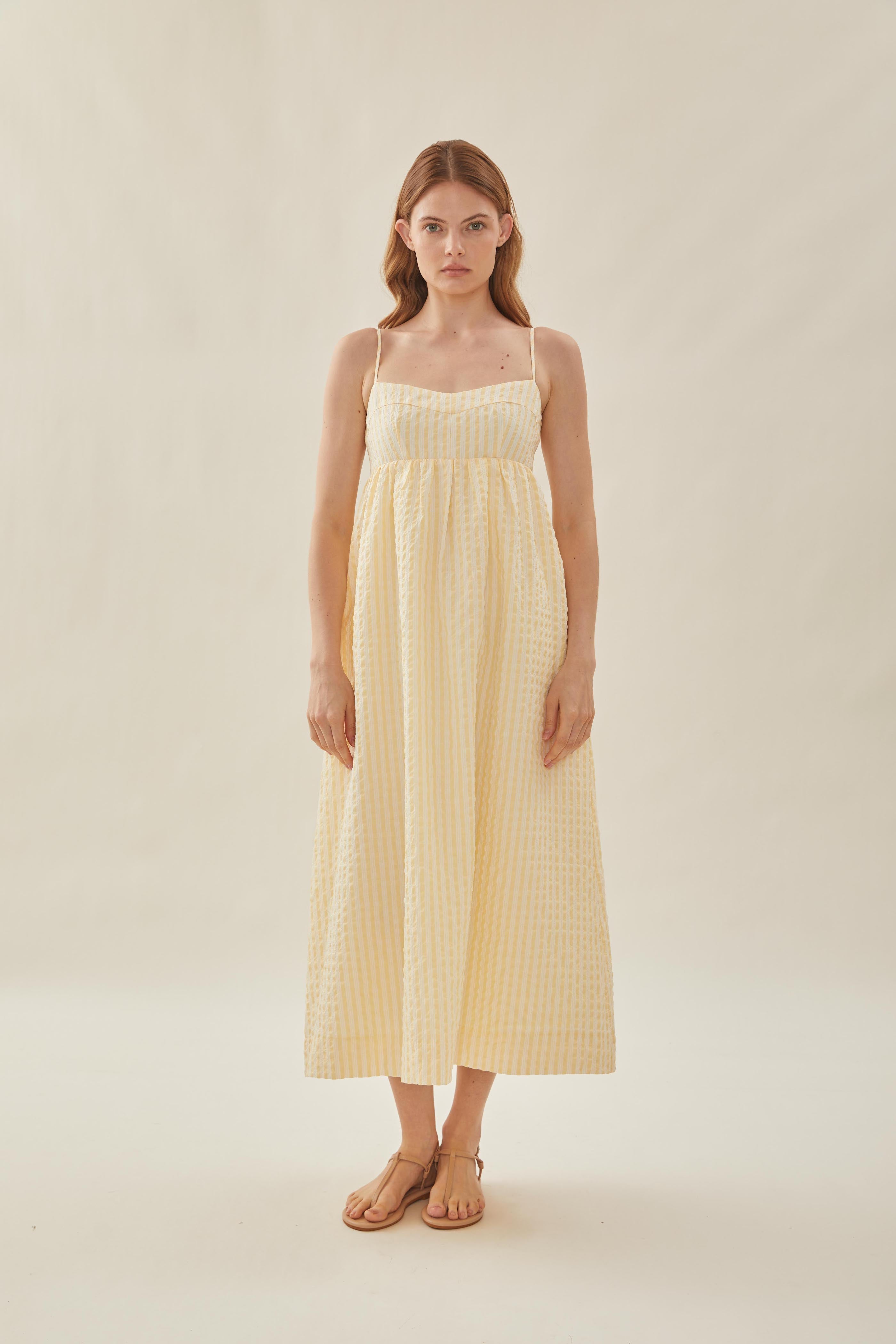 Bustier Gathered Midi Dress in Stripe Yellow