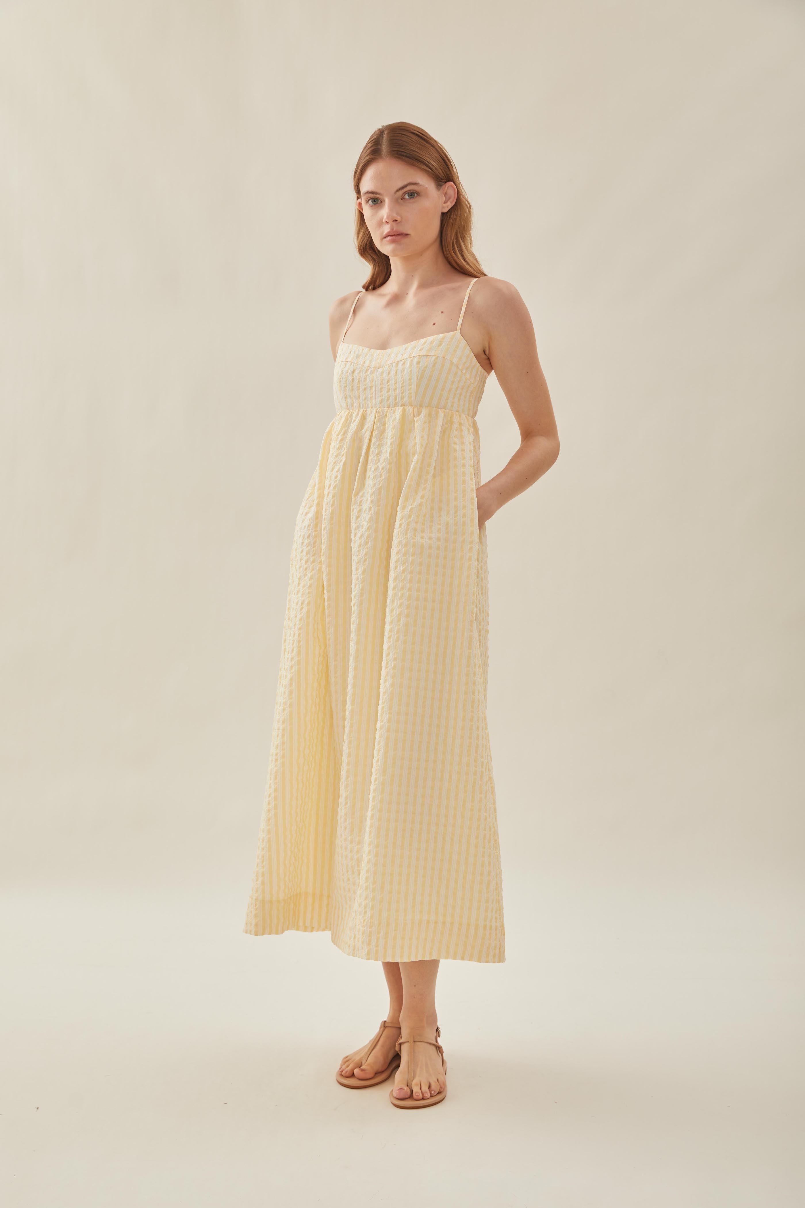 Bustier Gathered Midi Dress in Stripe Yellow