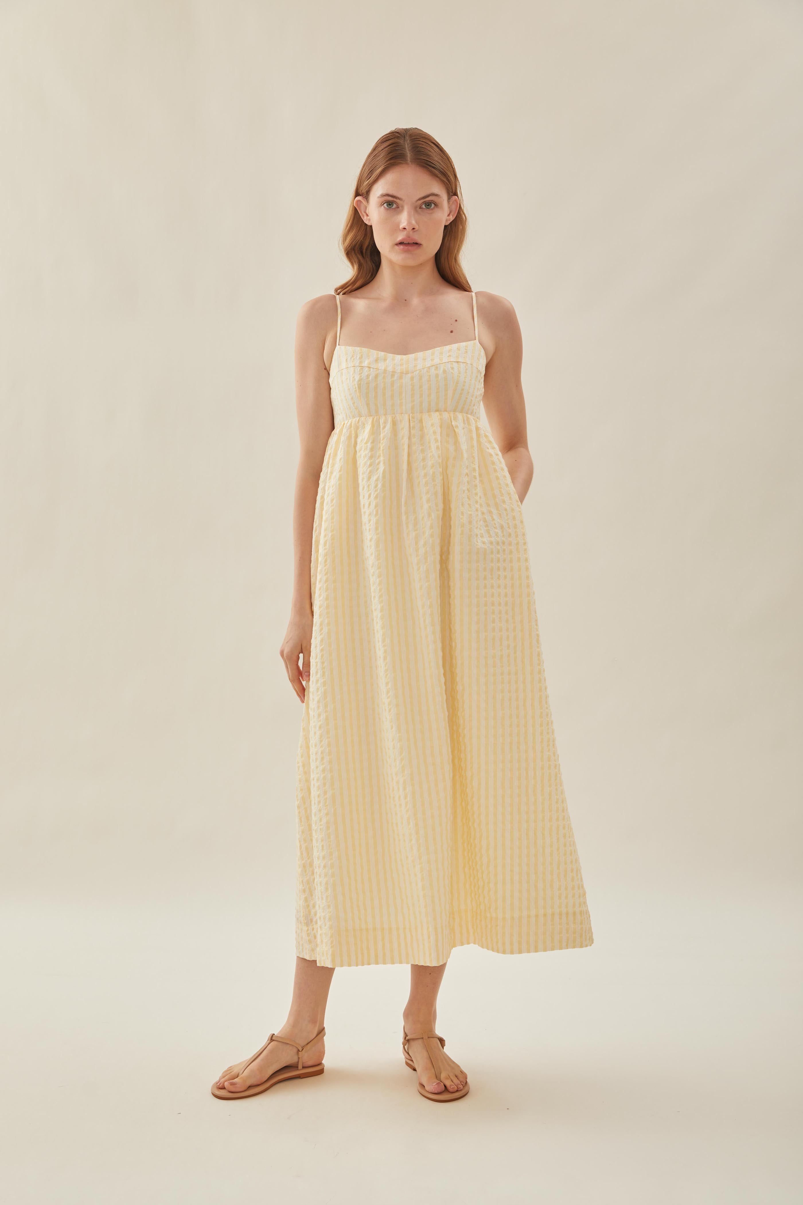 Bustier Gathered Midi Dress in Stripe Yellow