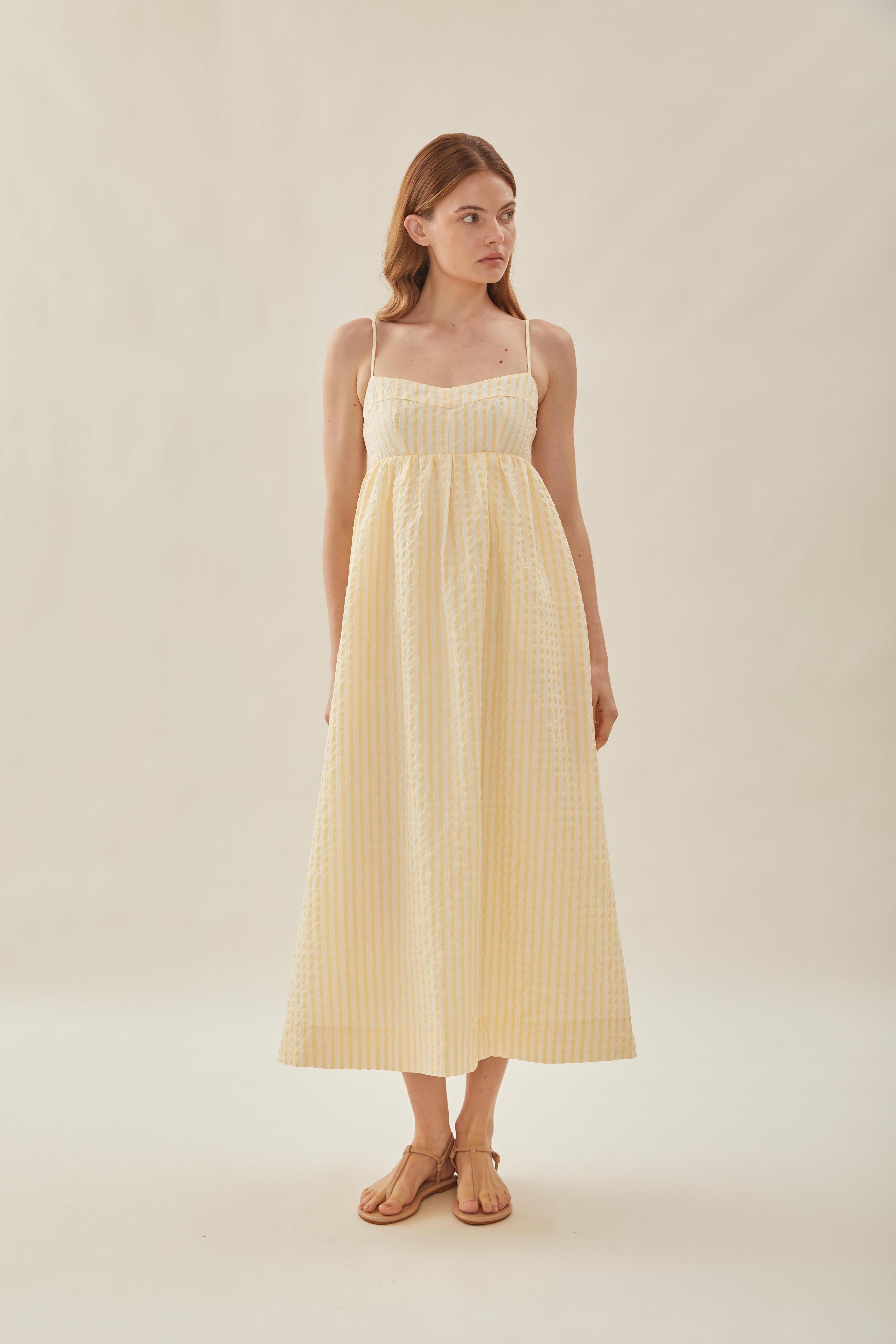 Bustier Gathered Midi Dress in Stripe Yellow