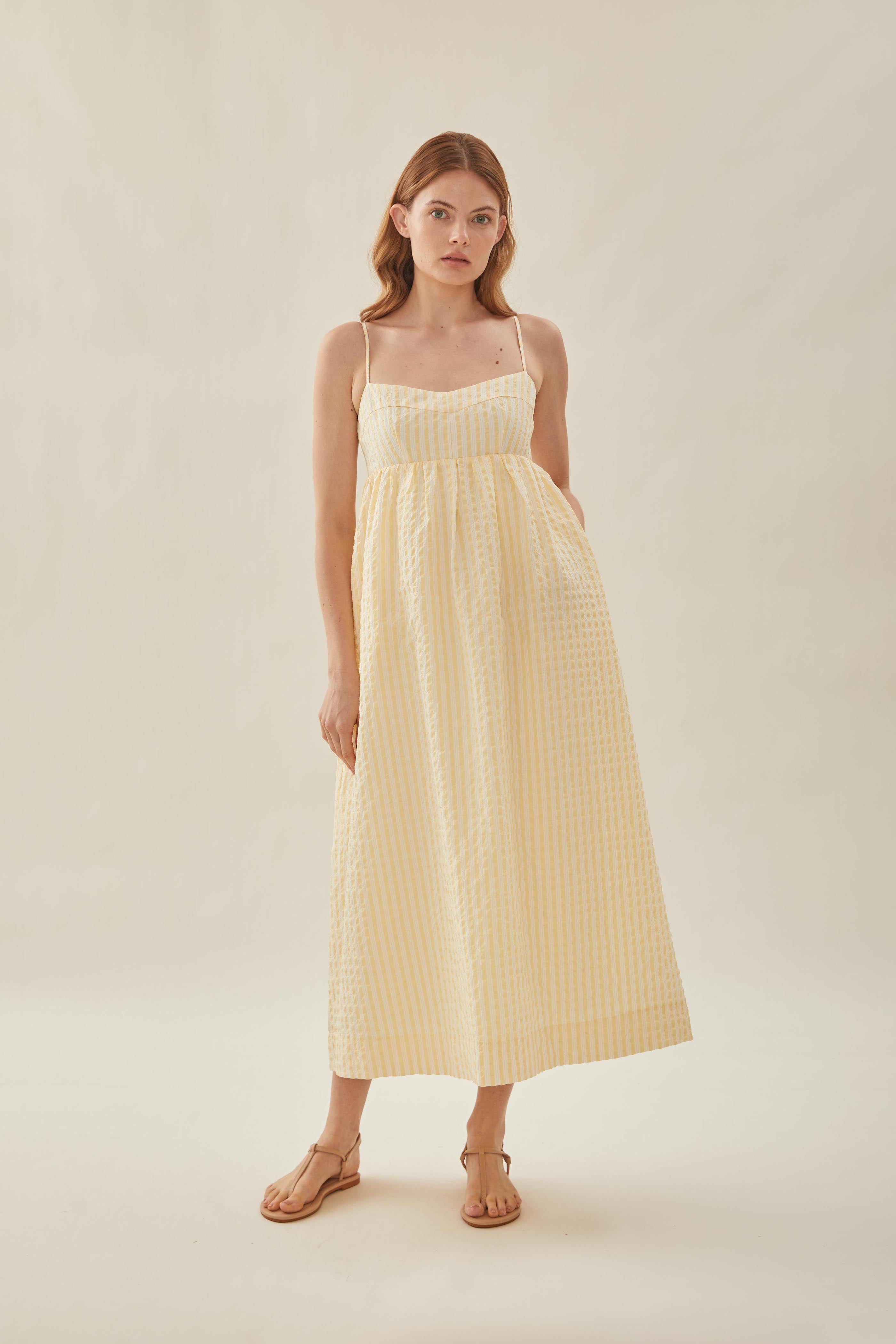 Bustier Gathered Midi Dress in Stripe Yellow