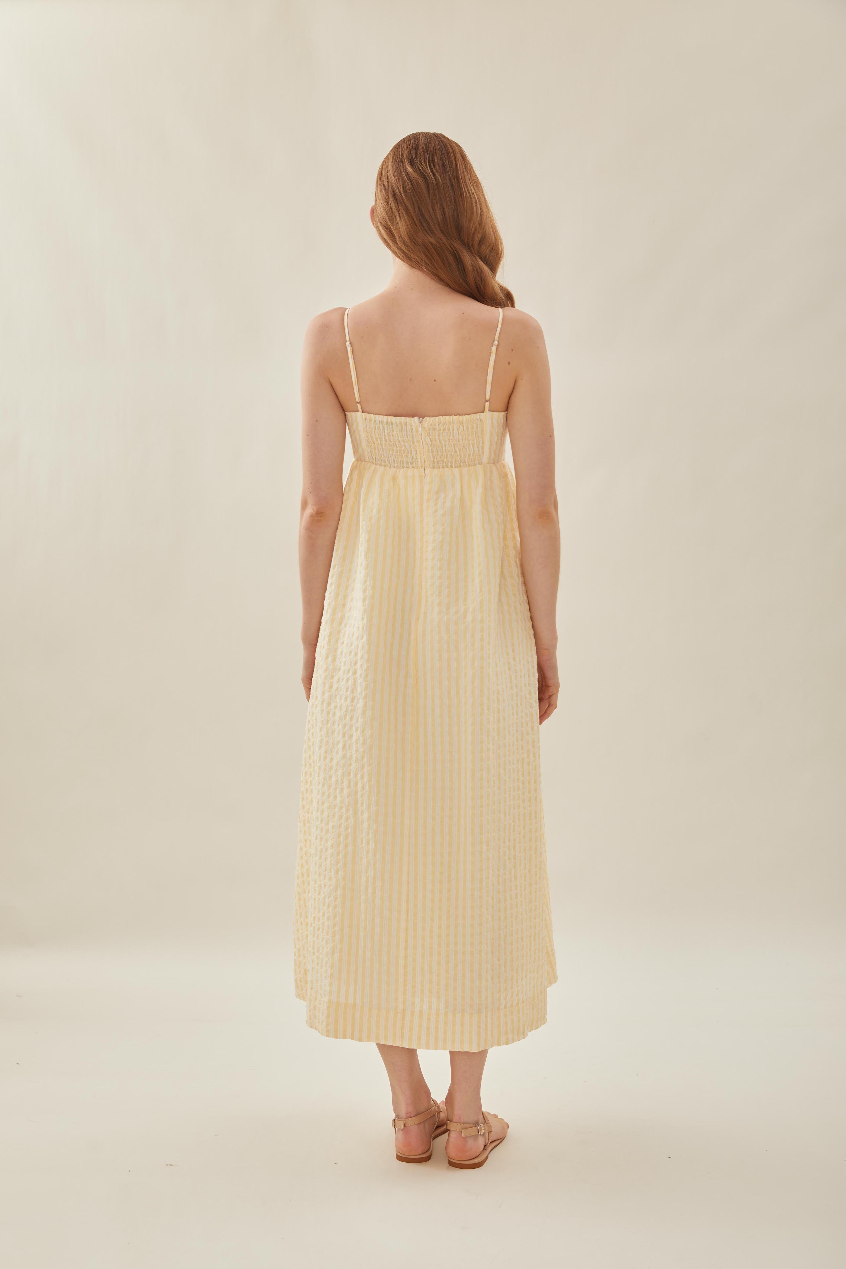 Bustier Gathered Midi Dress in Stripe Yellow