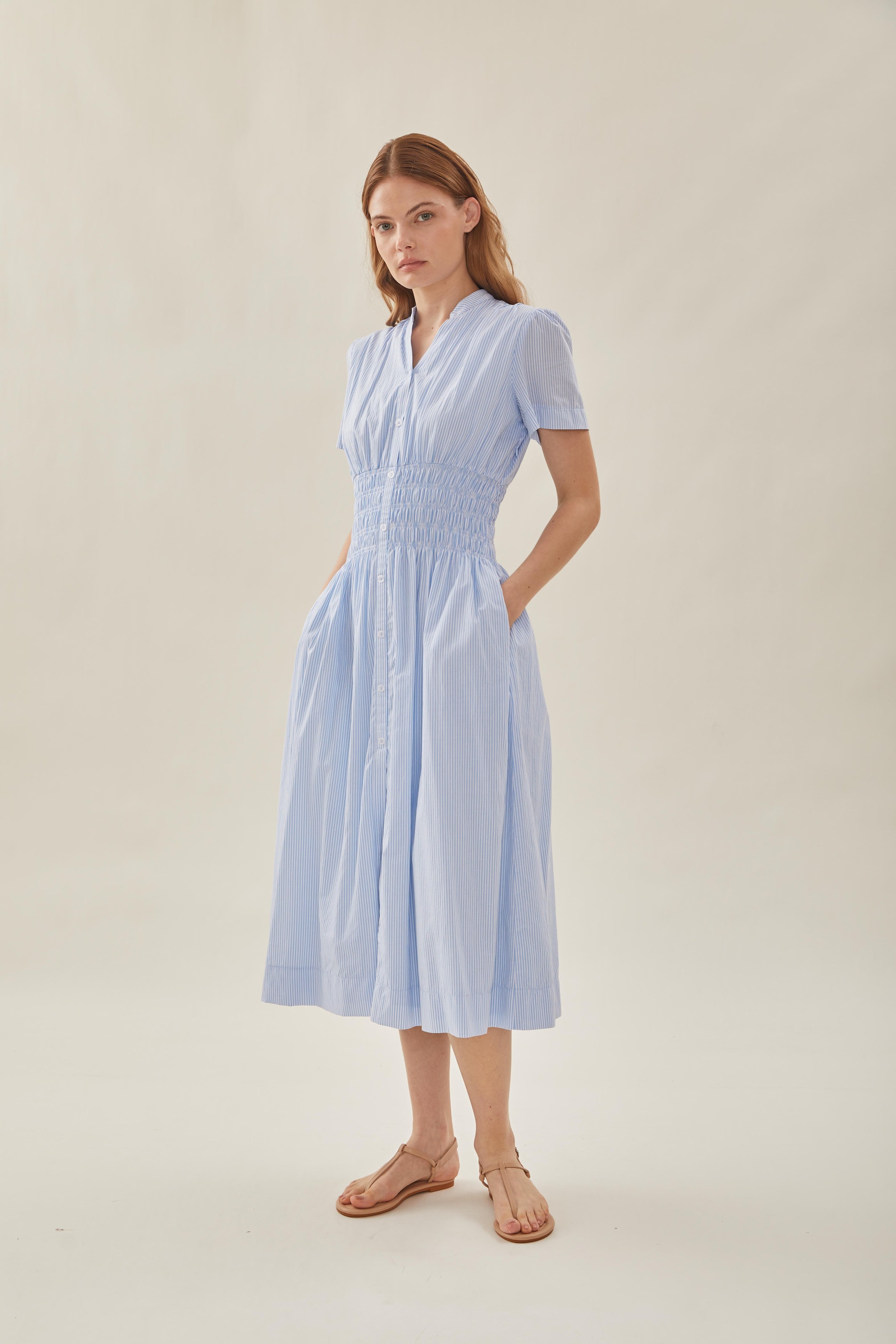 Shirred Shirt Dress in Stripe Blue