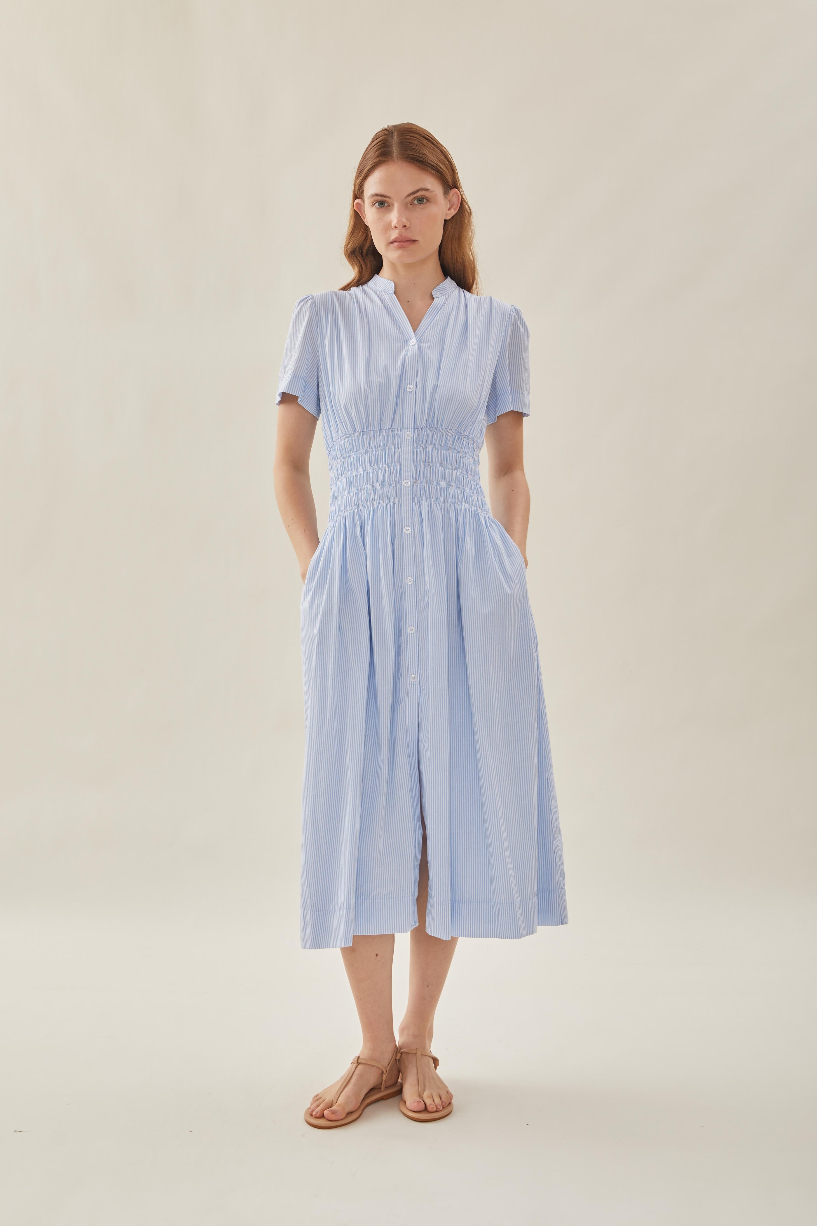 Shirred Shirt Dress in Stripe Blue