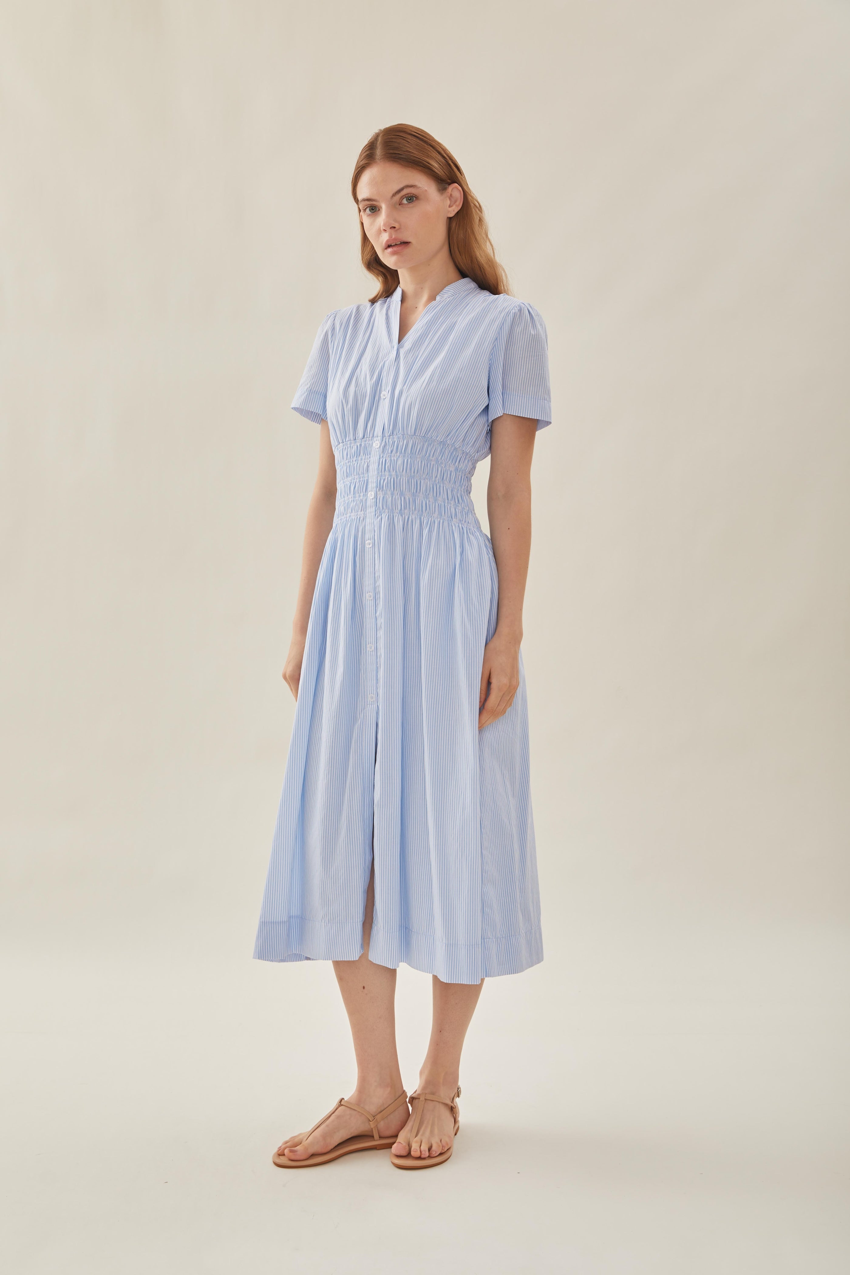 Shirred Shirt Dress in Stripe Blue
