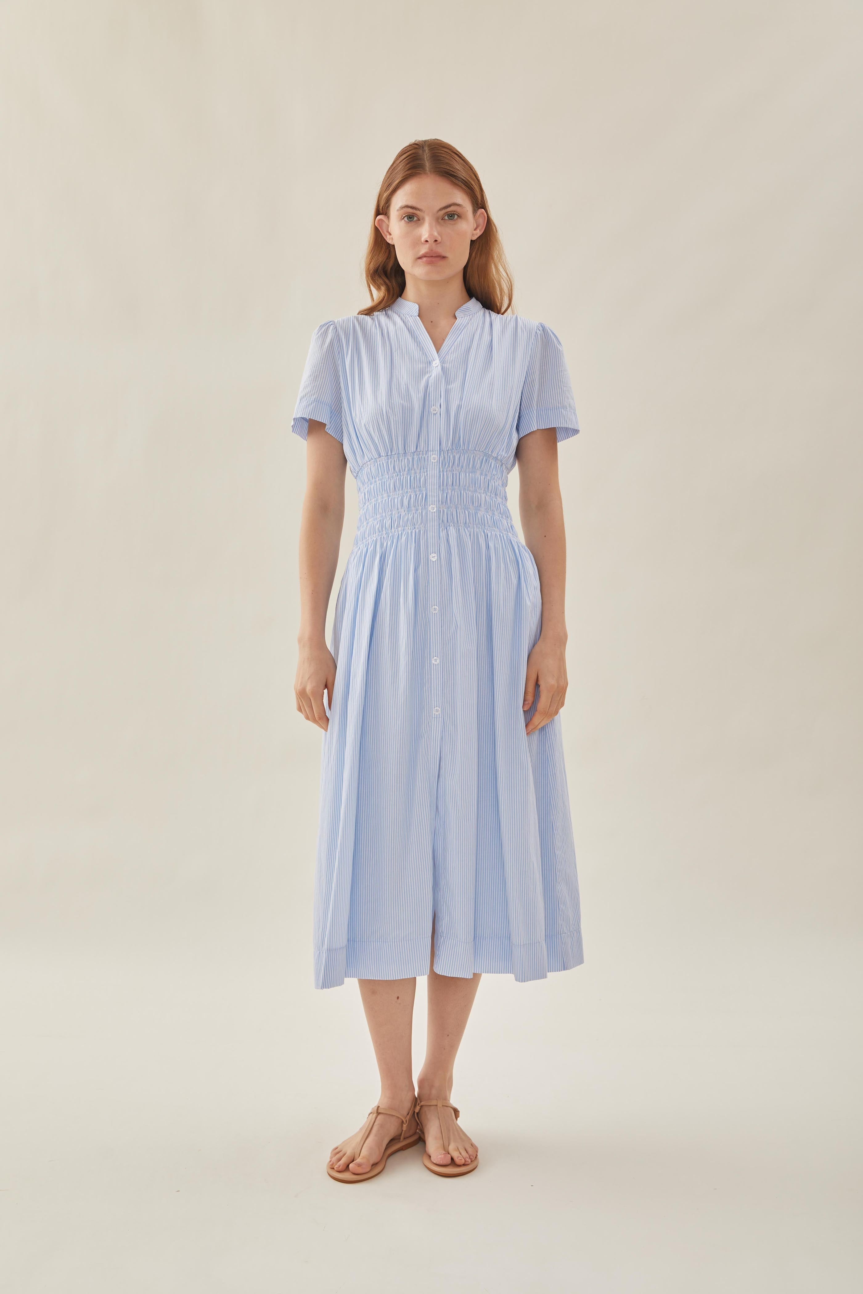 Shirred Shirt Dress in Stripe Blue