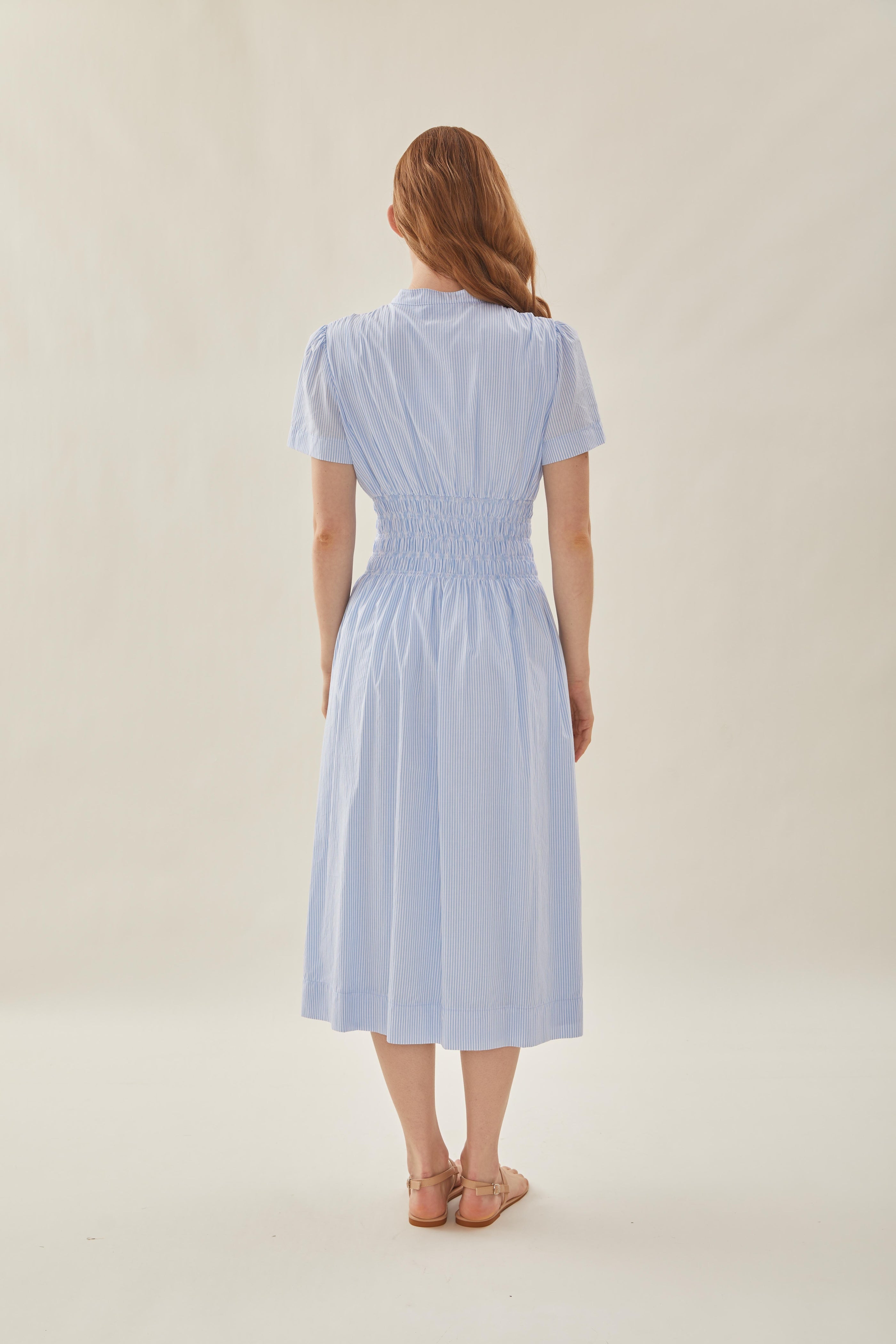Shirred Shirt Dress in Stripe Blue