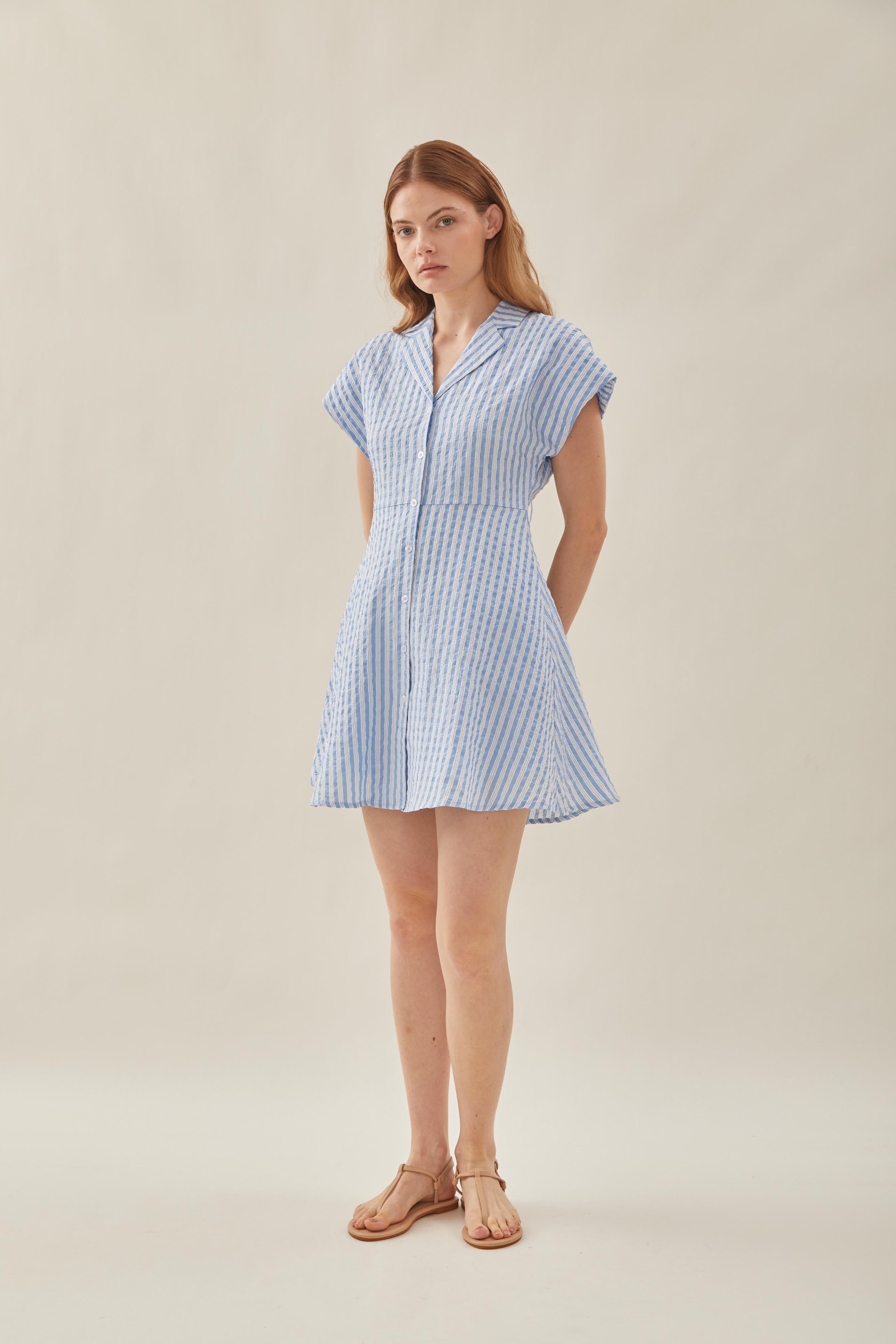 Linen Collared Mini Dress in Stripe Blue