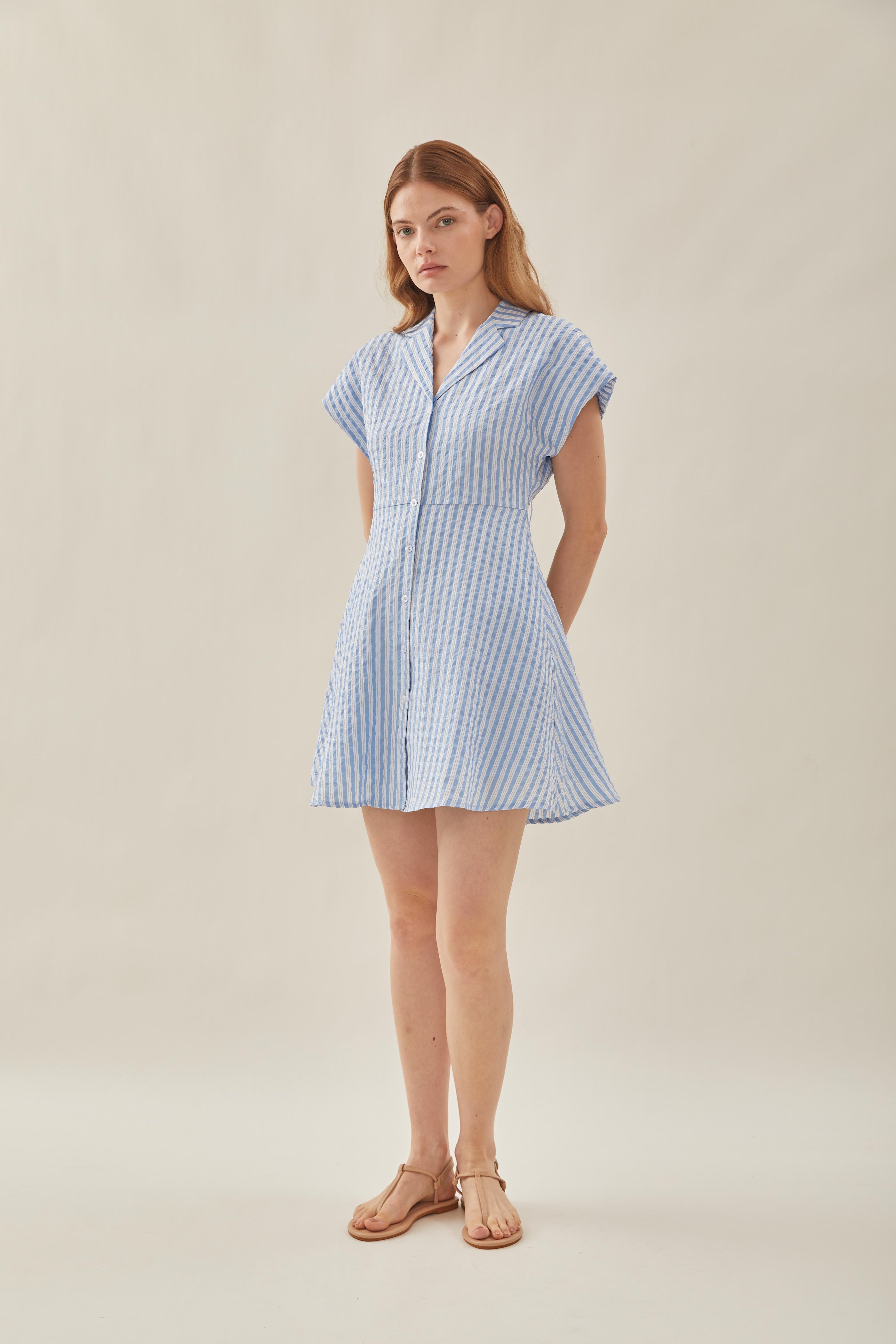 Linen Collared Mini Dress in Stripe Blue