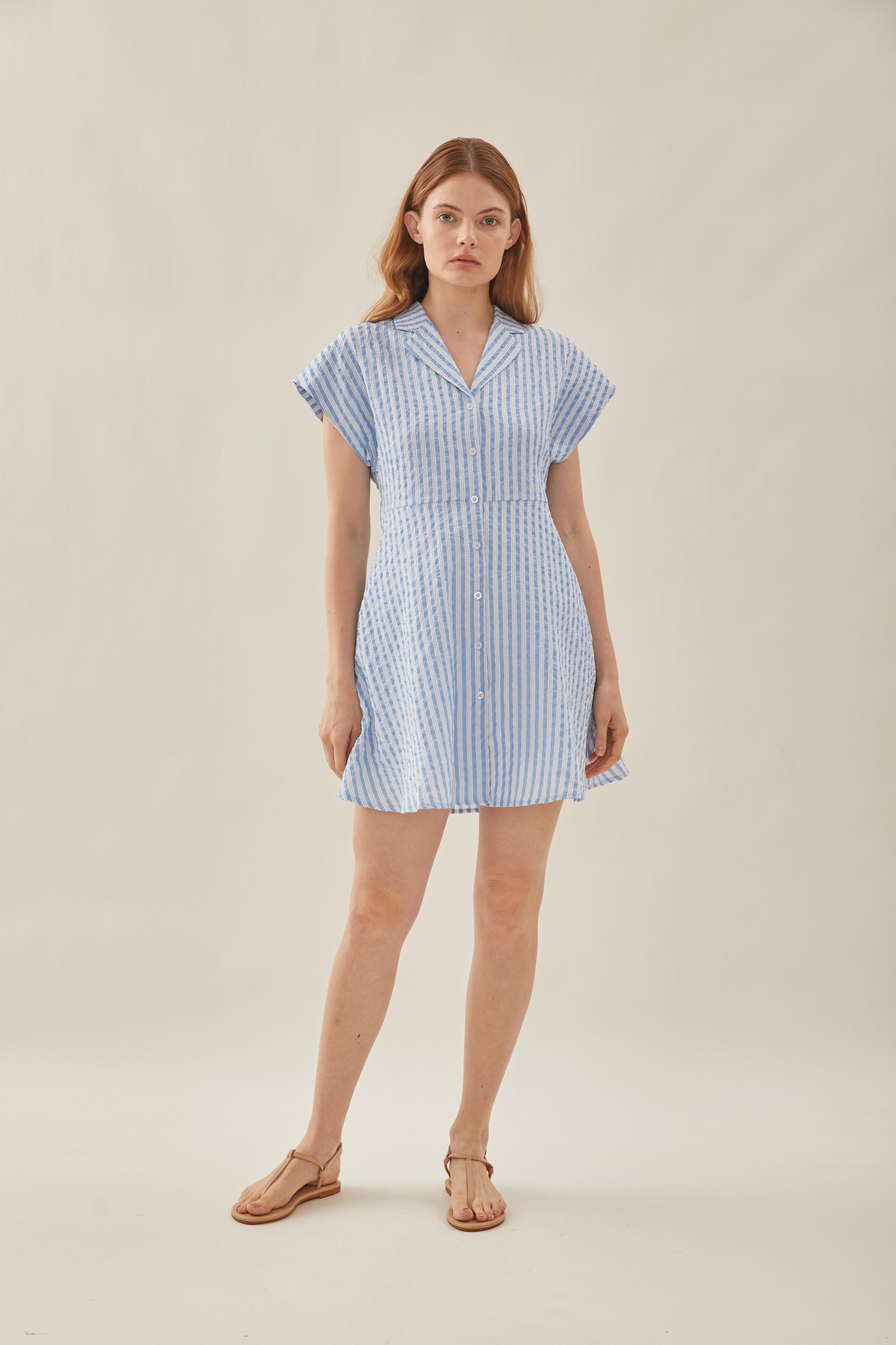 Linen Collared Mini Dress in Stripe Blue