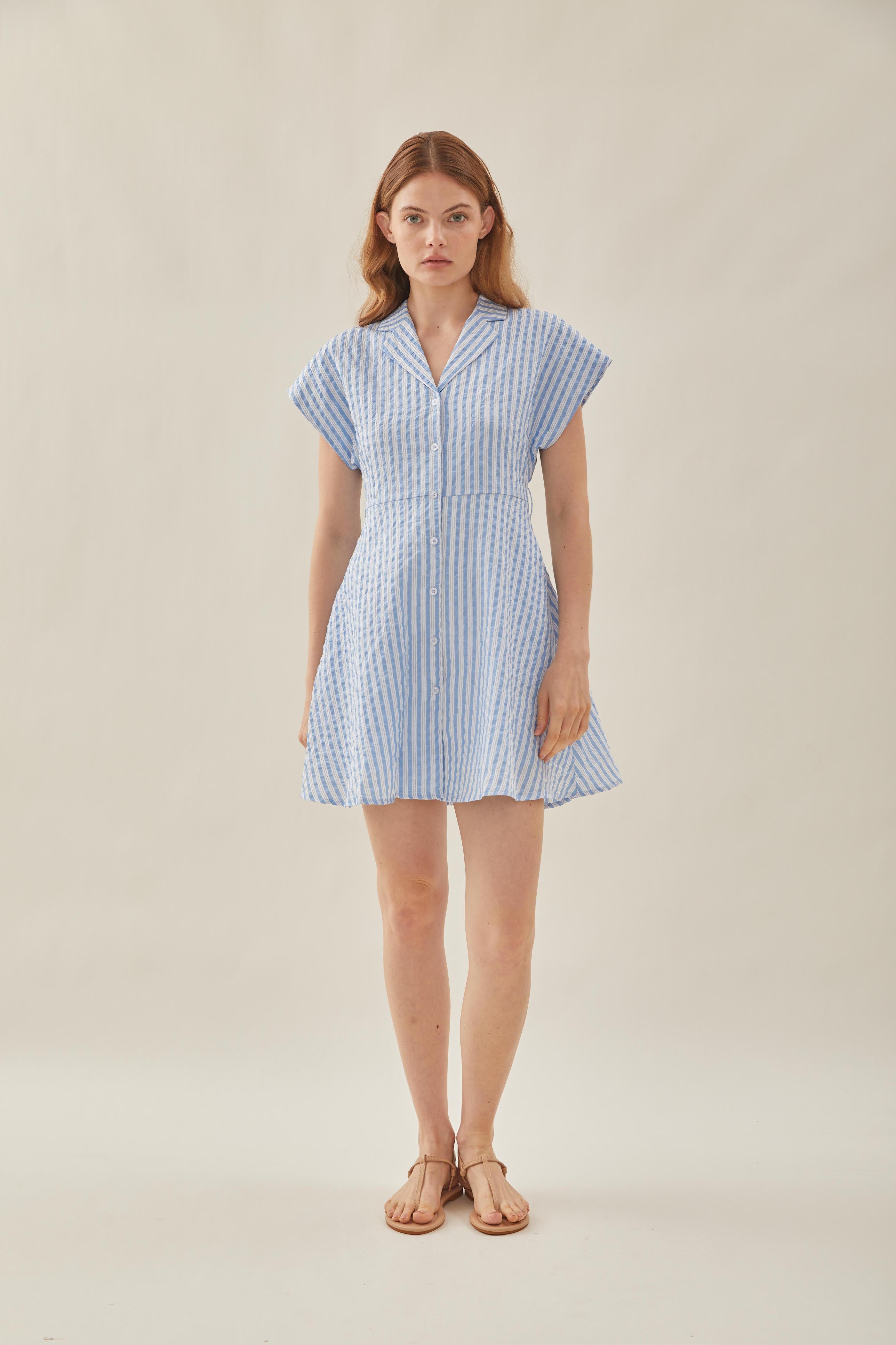 Linen Collared Mini Dress in Stripe Blue