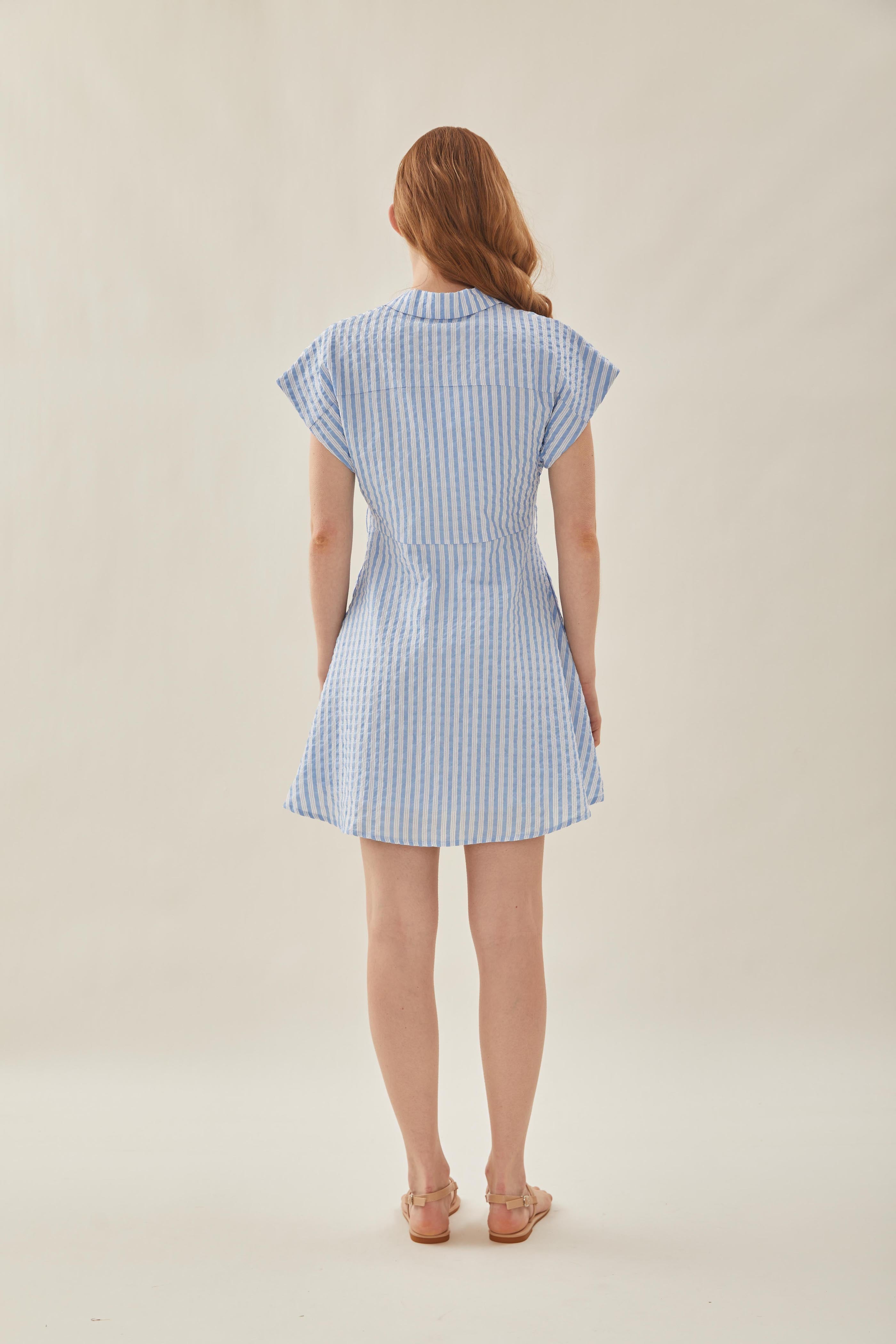 Linen Collared Mini Dress in Stripe Blue