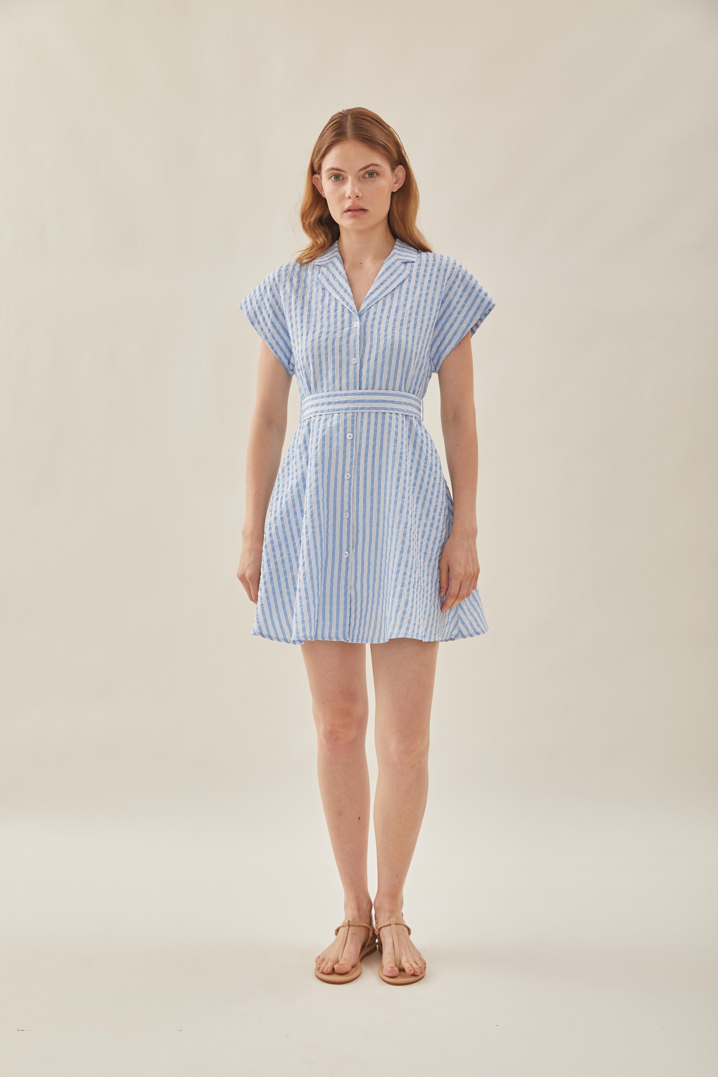 Linen Collared Mini Dress in Stripe Blue