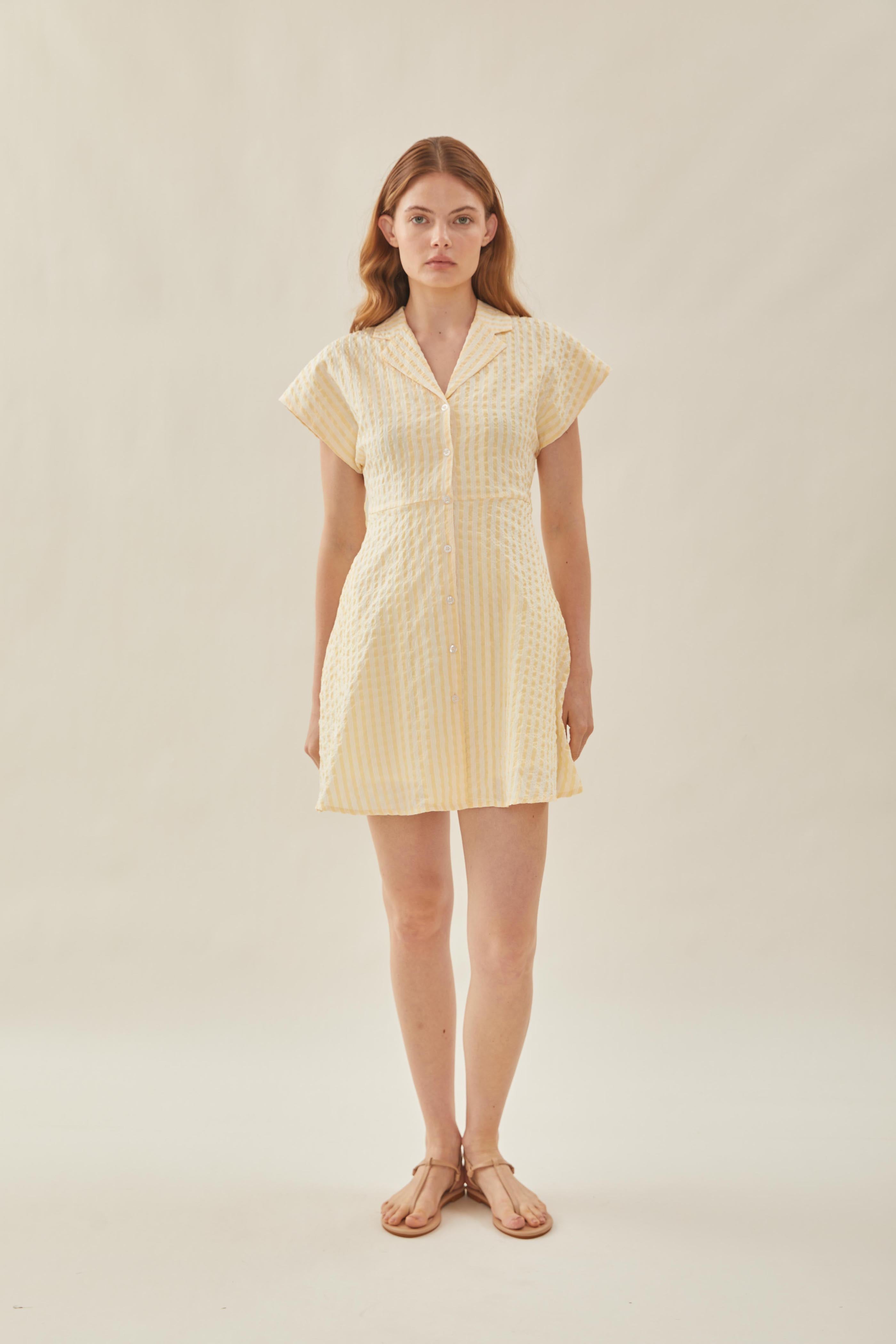 Linen Collared Mini Dress in Stripe Yellow