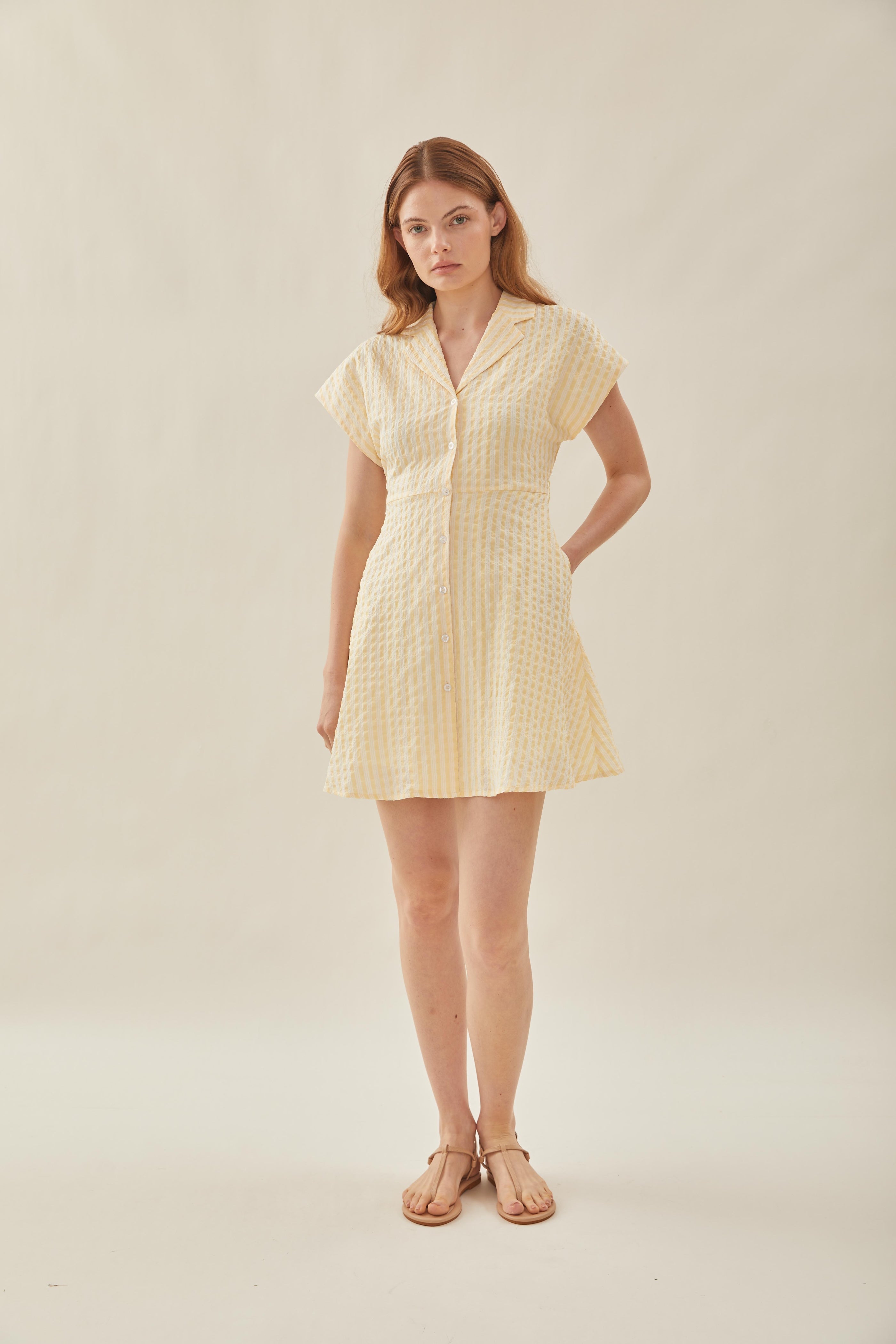 Linen Collared Mini Dress in Stripe Yellow