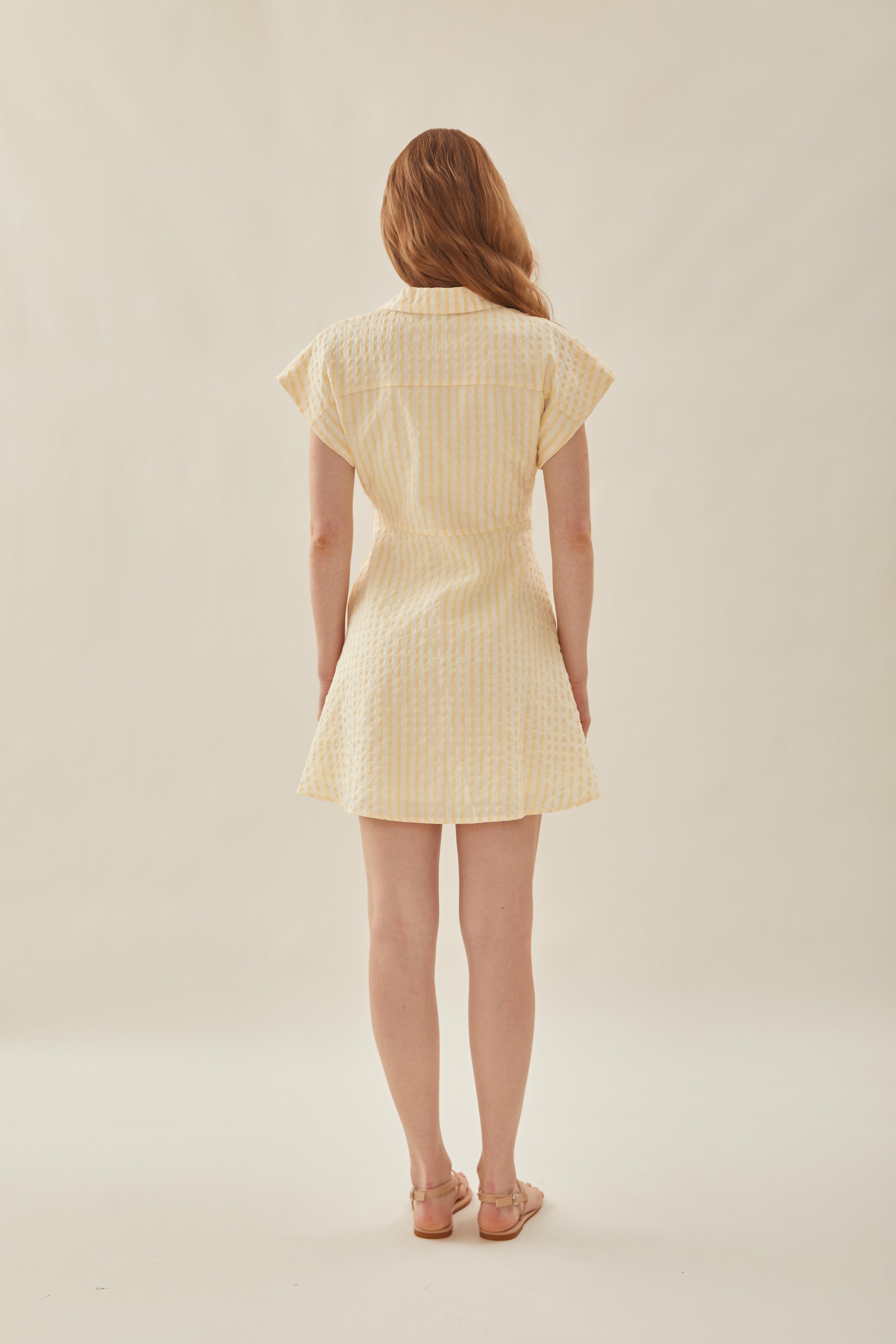 Linen Collared Mini Dress in Stripe Yellow