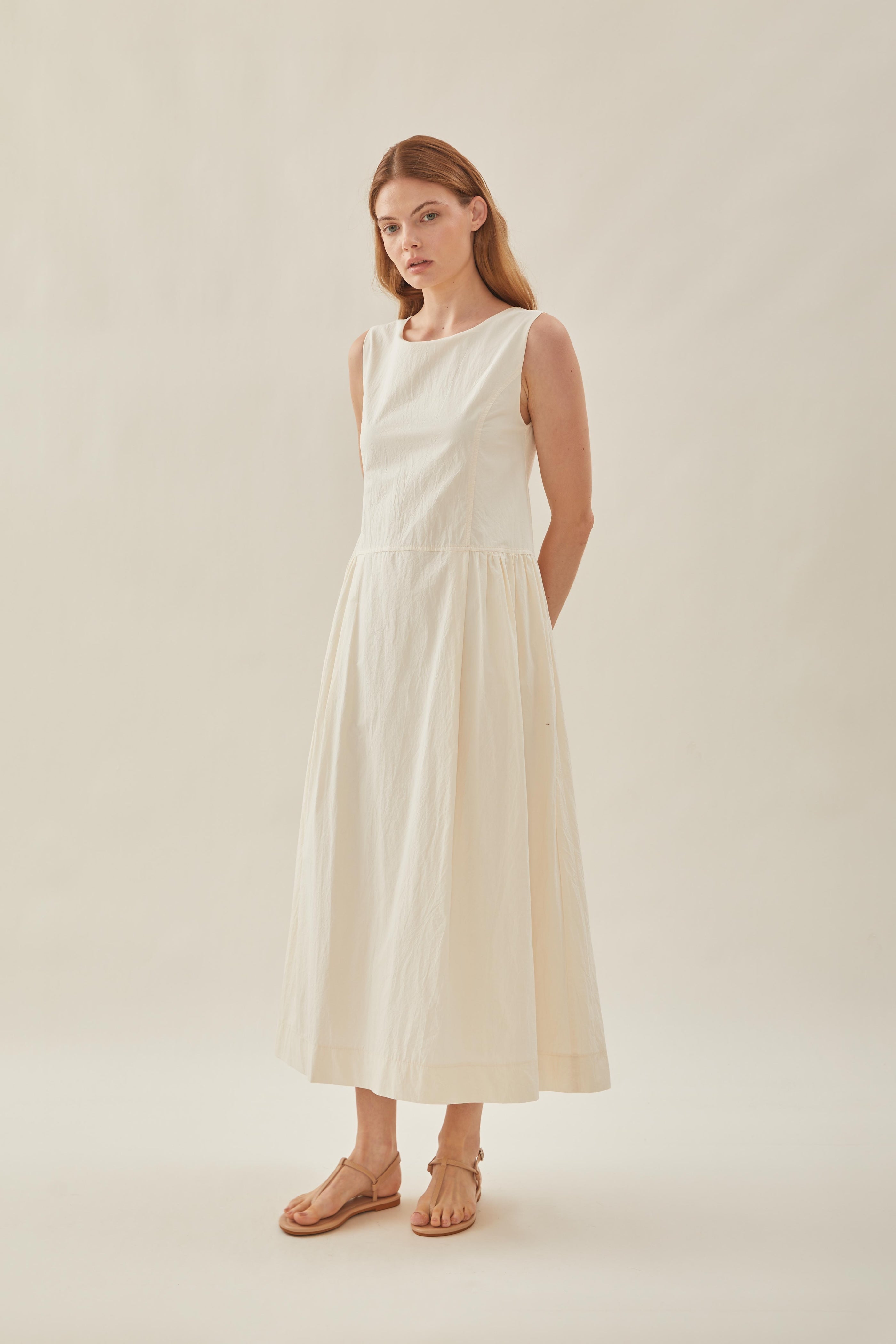 Cotton Poplin Sleeveless Dress in Natural