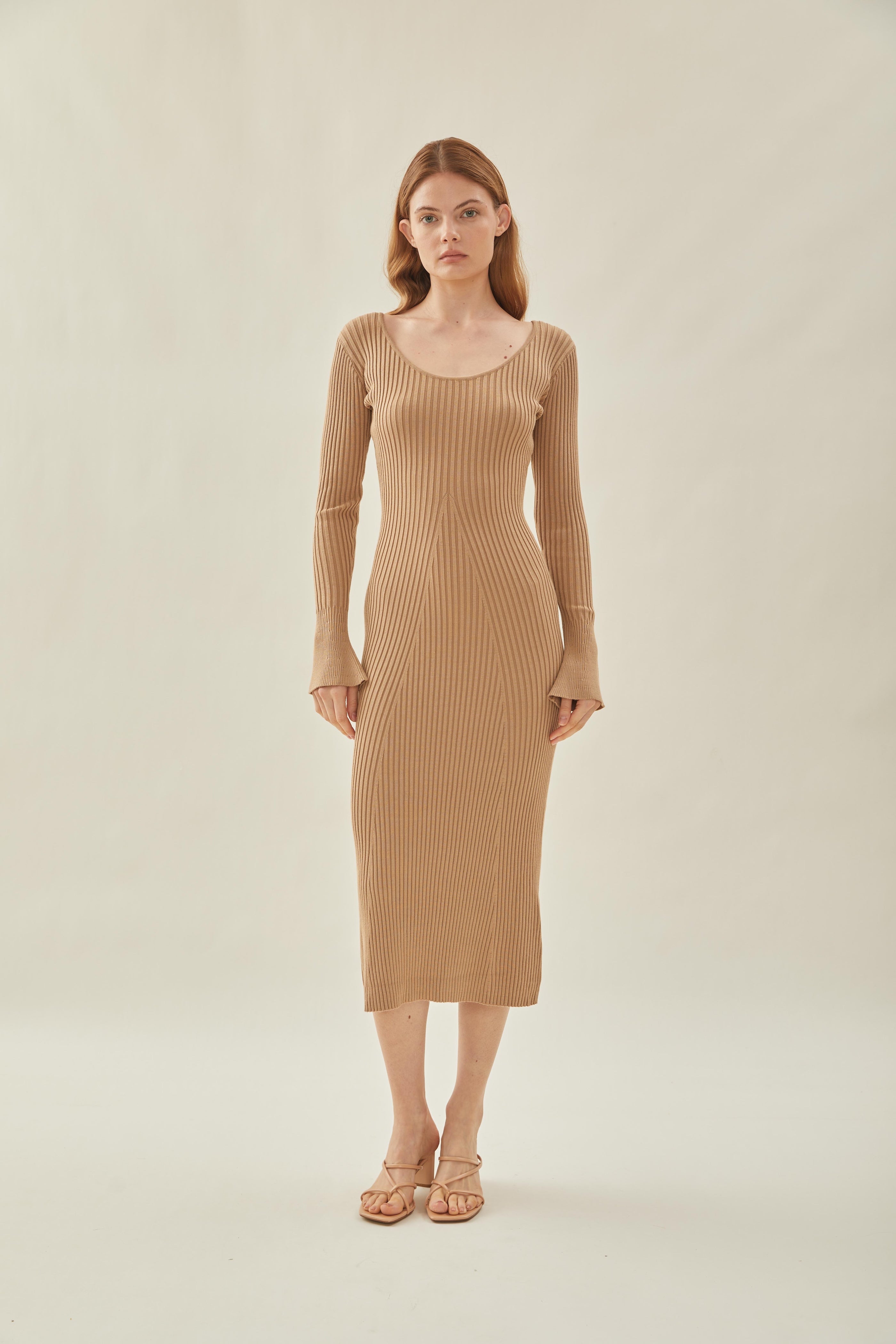 Scooped Neck Sleeved Ribbed Knit Dress in Camel