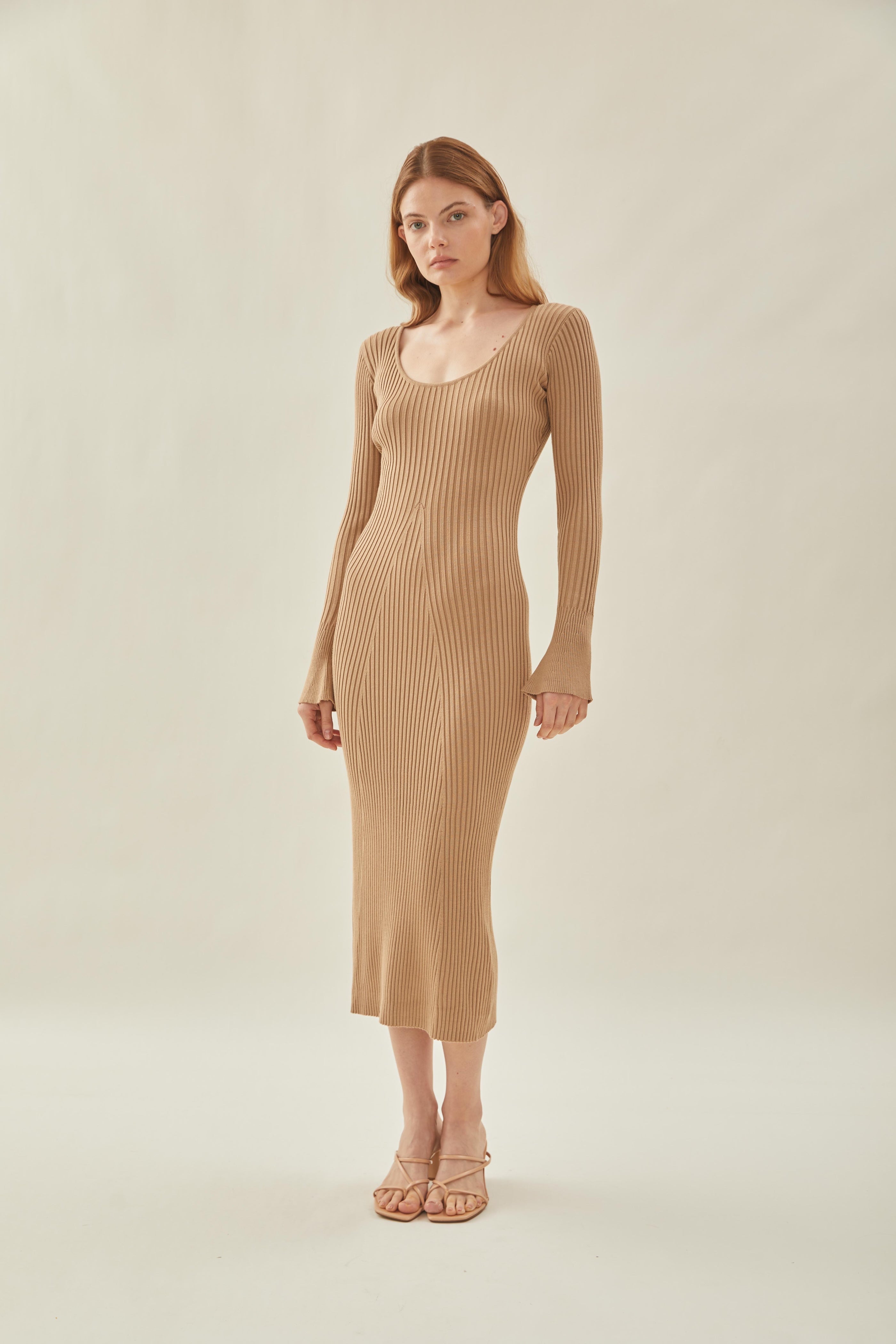Scooped Neck Sleeved Ribbed Knit Dress in Camel