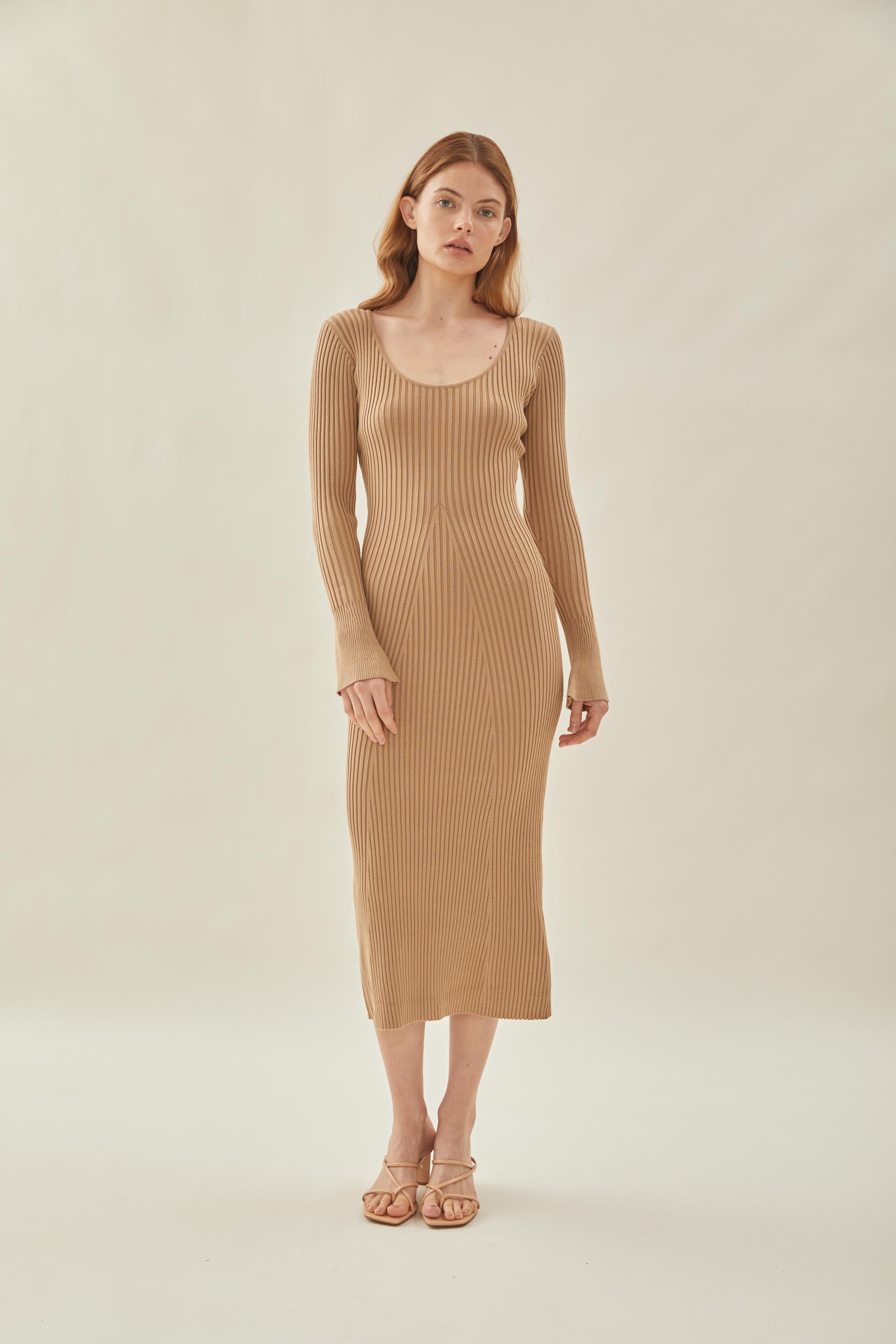 Scooped Neck Sleeved Ribbed Knit Dress in Camel