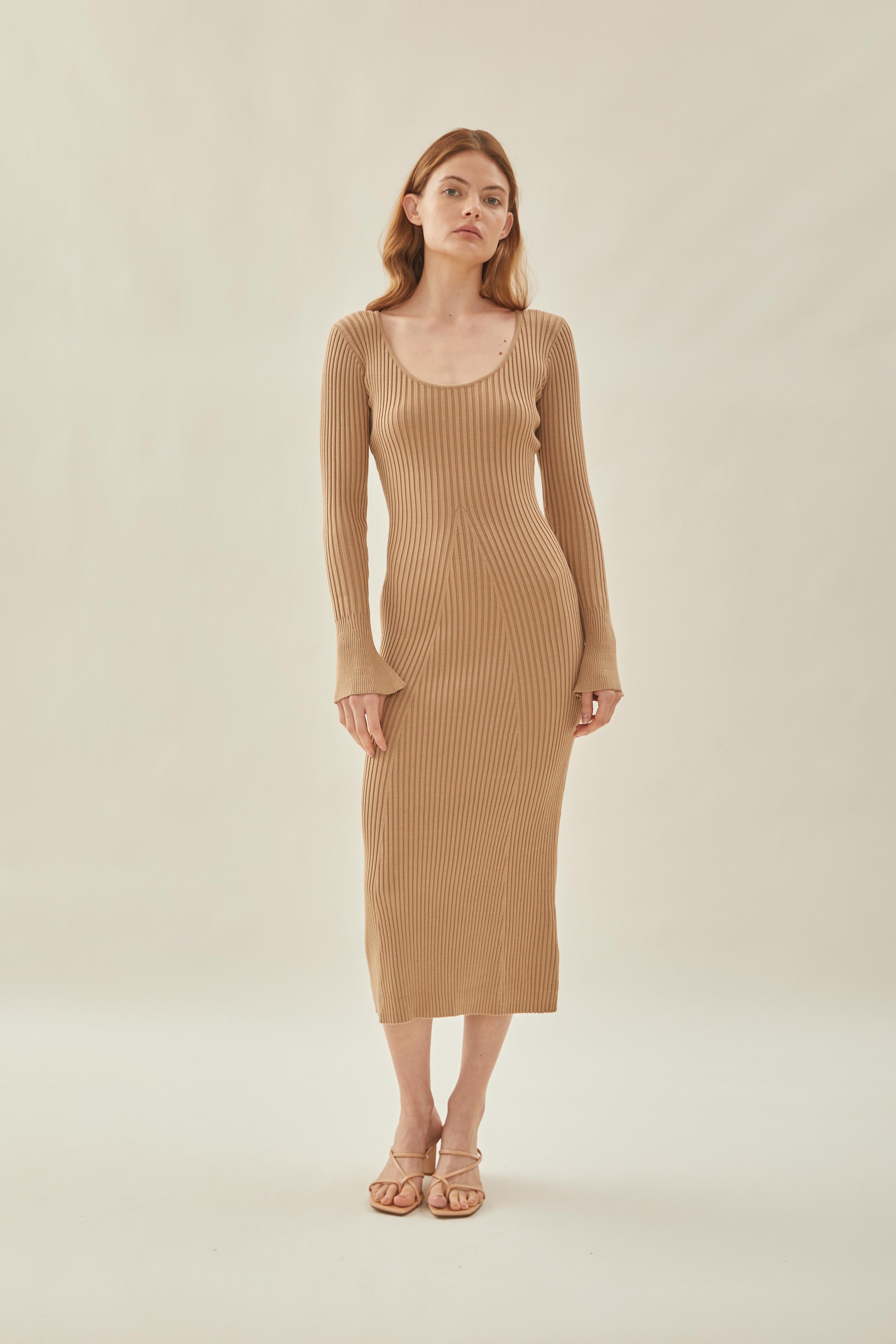 Scooped Neck Sleeved Ribbed Knit Dress in Camel