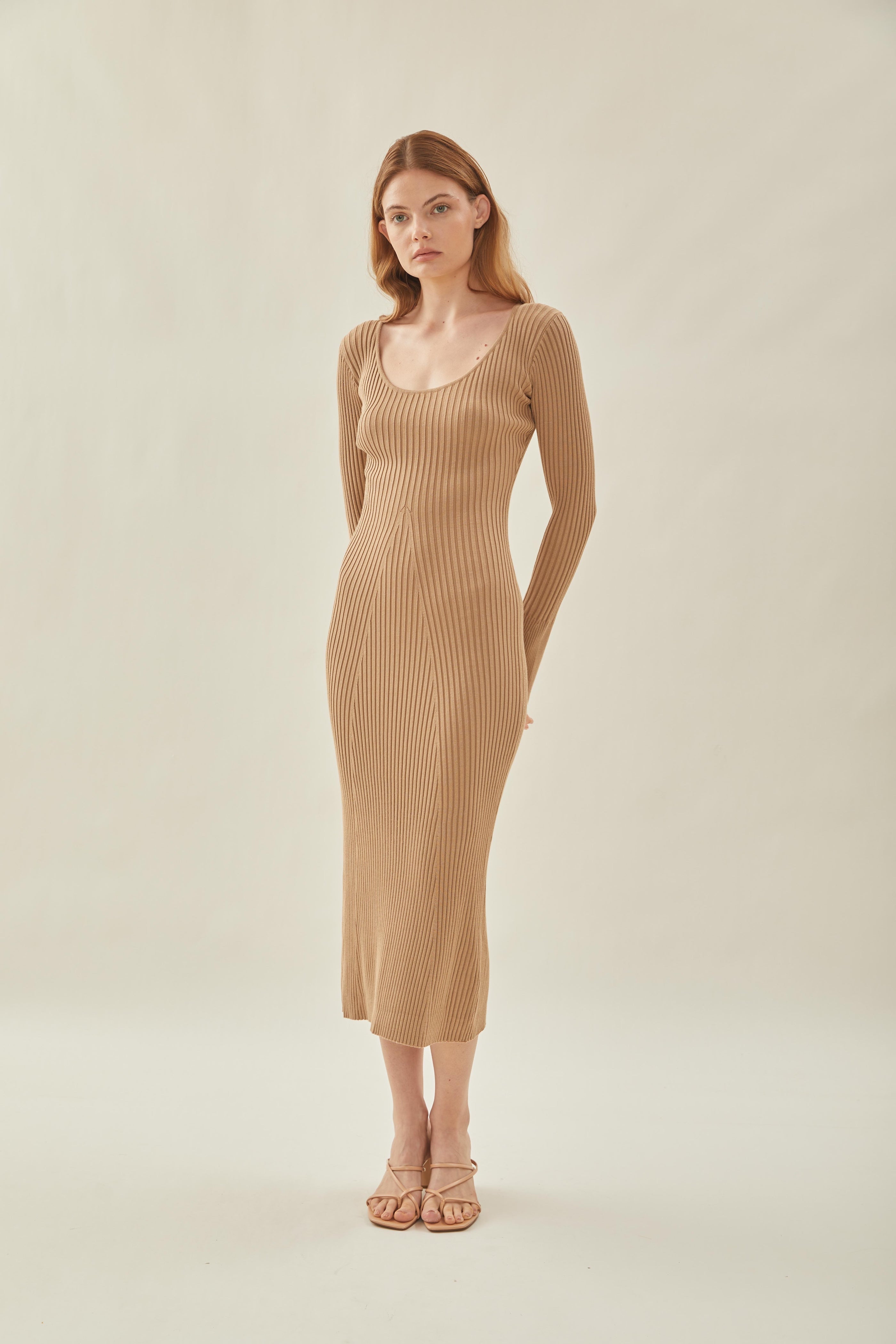 Scooped Neck Sleeved Ribbed Knit Dress in Camel
