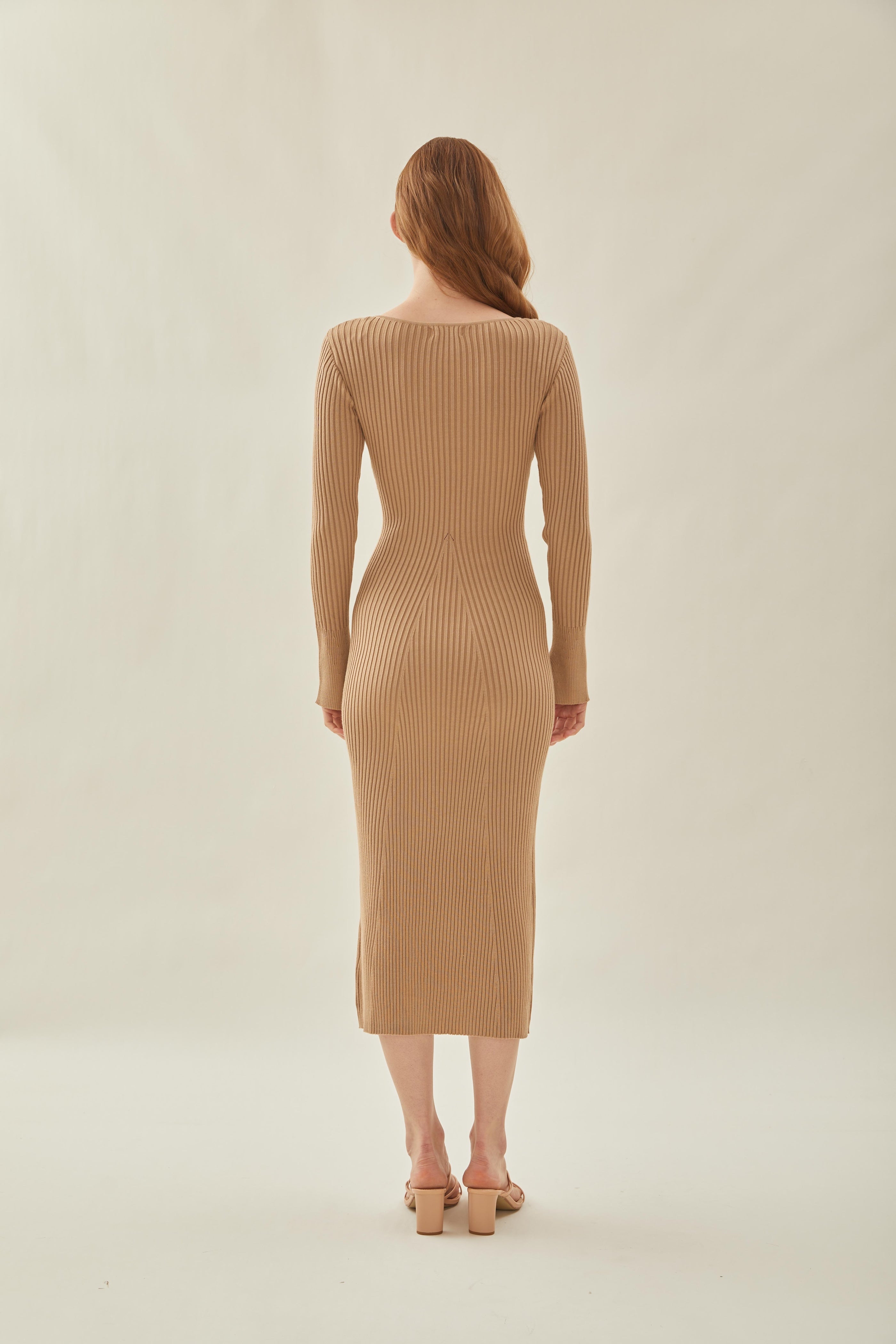 Scooped Neck Sleeved Ribbed Knit Dress in Camel