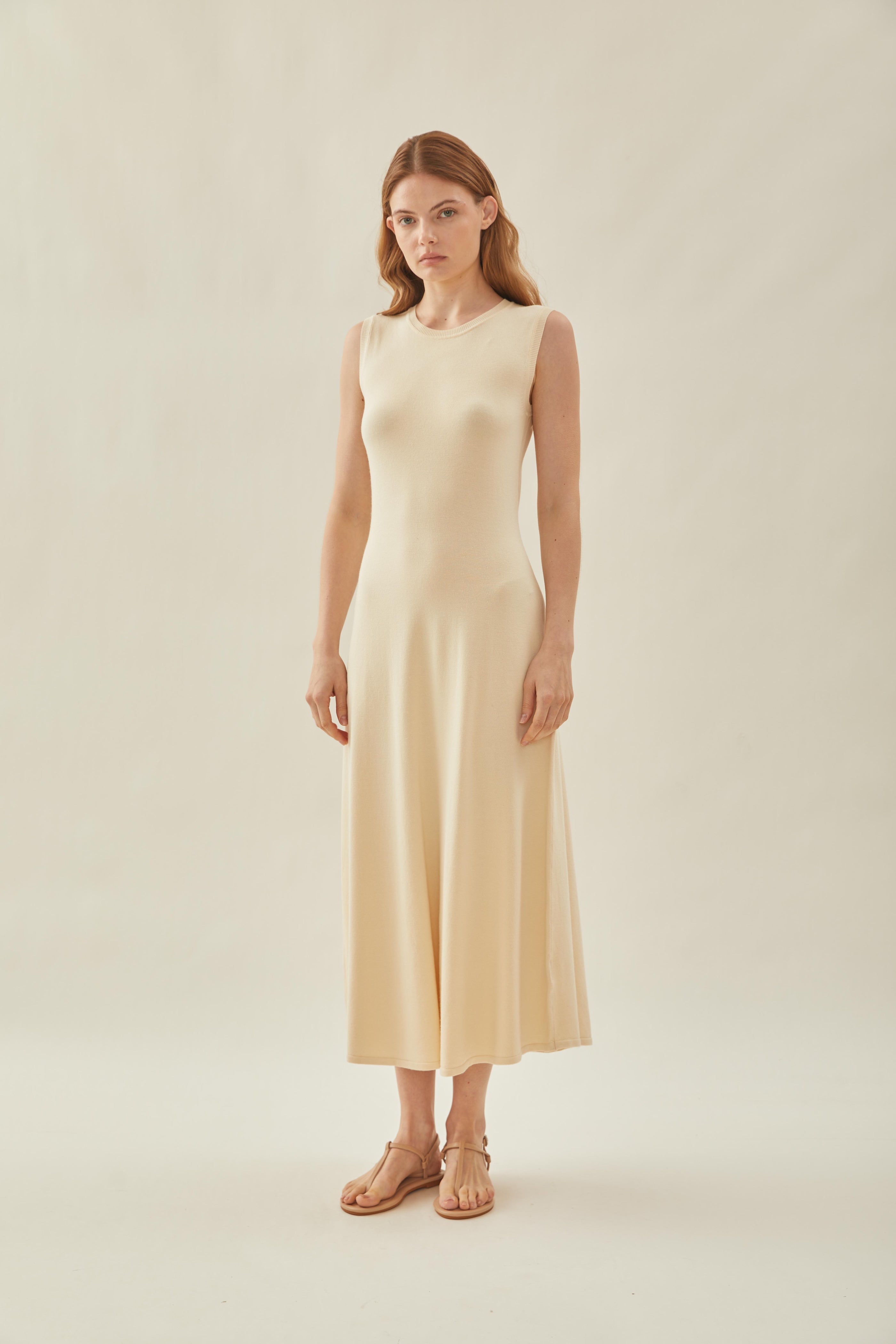 Sleeveless Knit Flare Dress in Macadamia