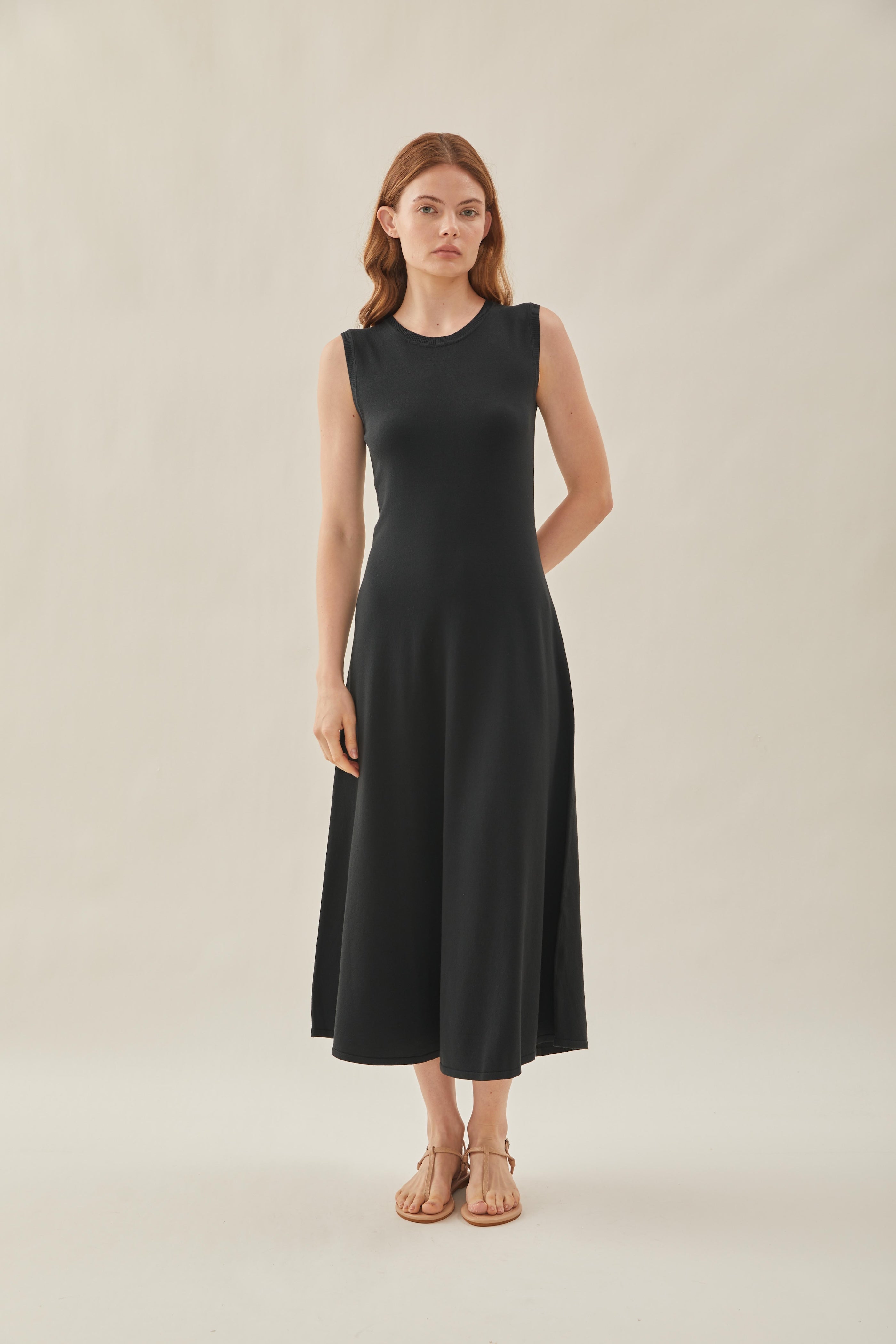 Sleeveless Knit Flare Dress in Deep Emerald