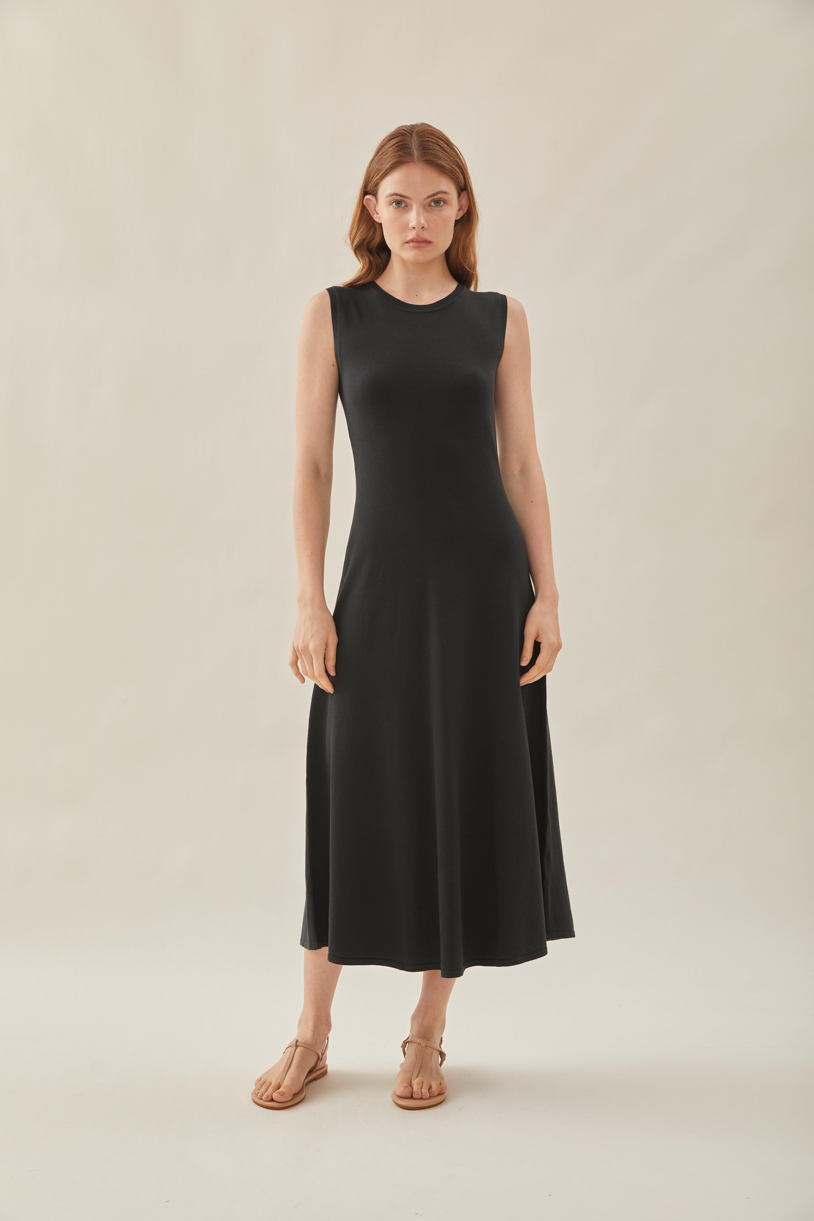 Sleeveless Knit Flare Dress in Deep Emerald