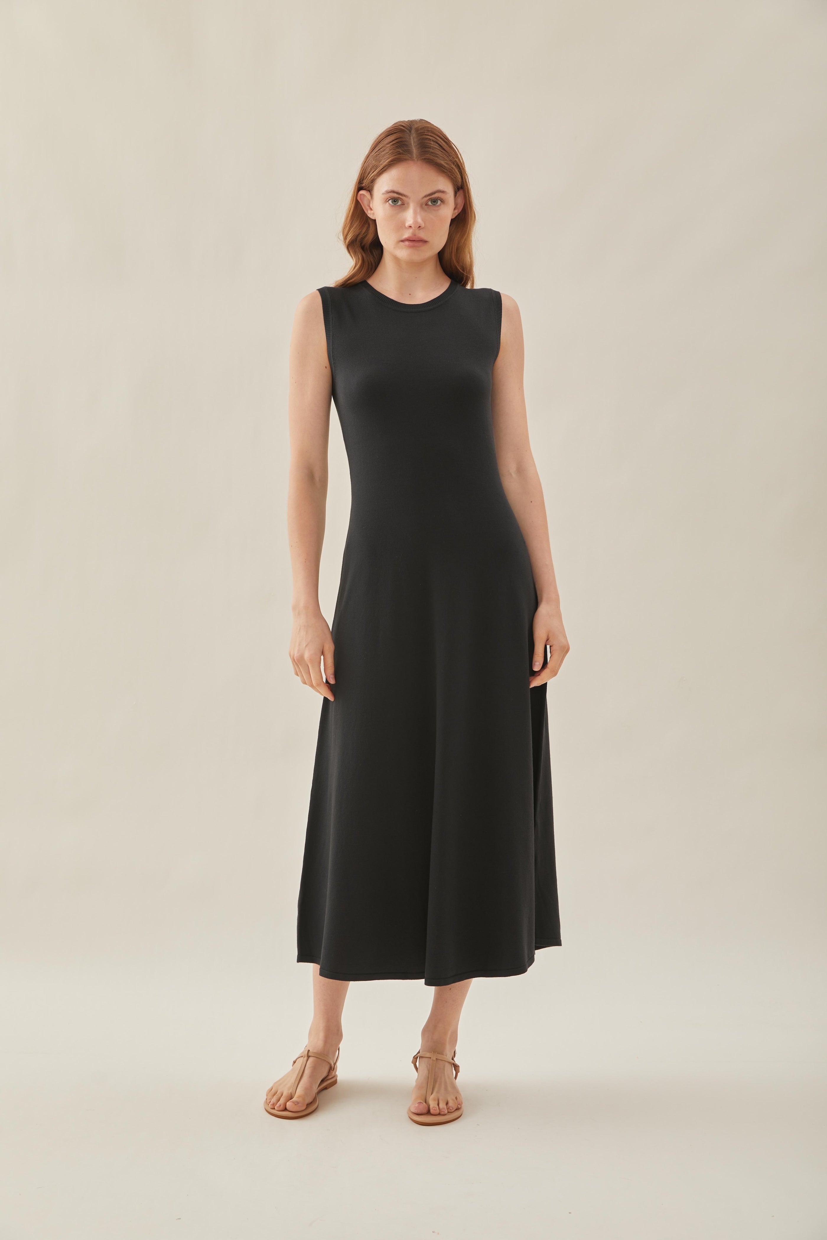 Sleeveless Knit Flare Dress in Deep Emerald