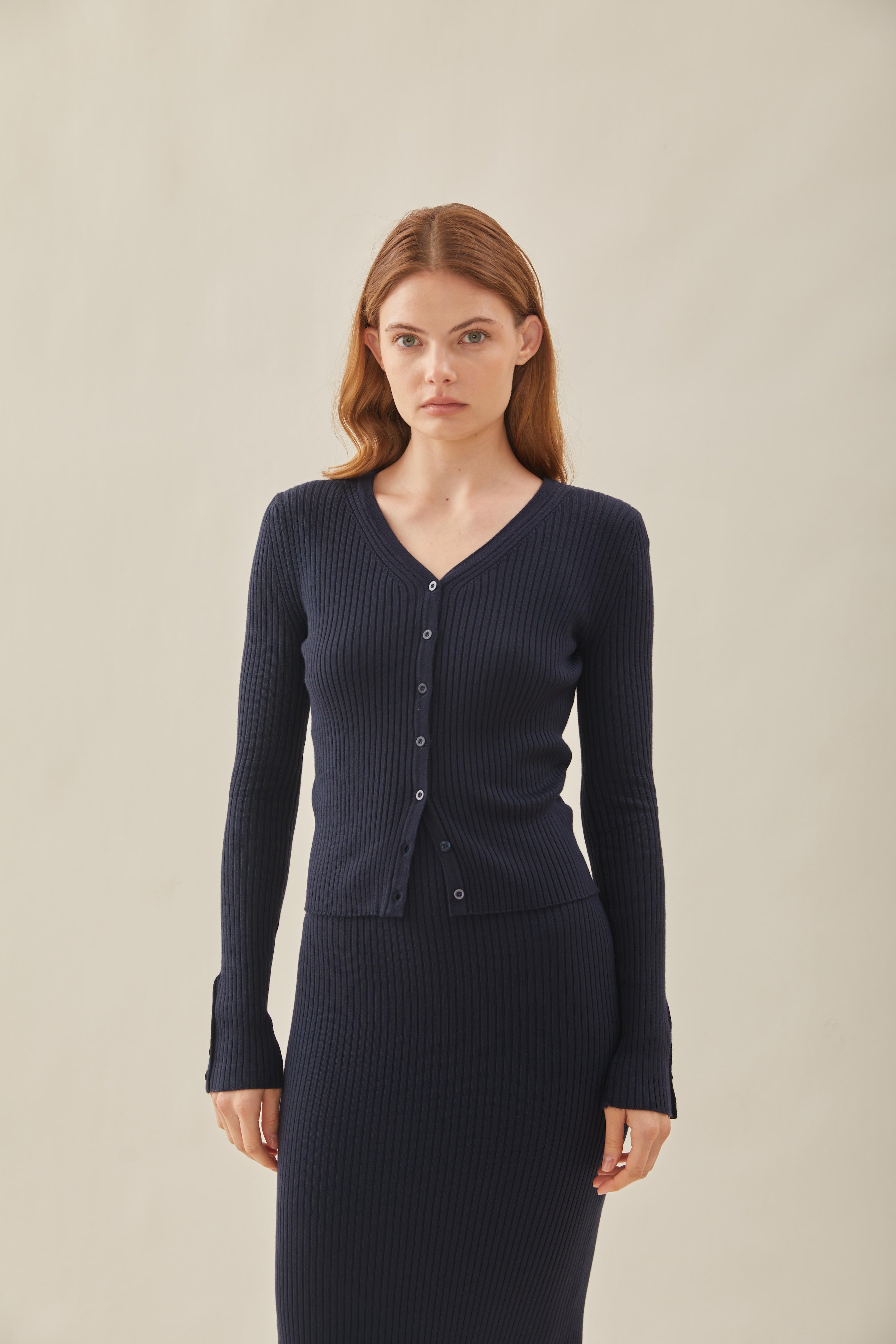 Ribbed Knit Button Down Cardigan in Midnight