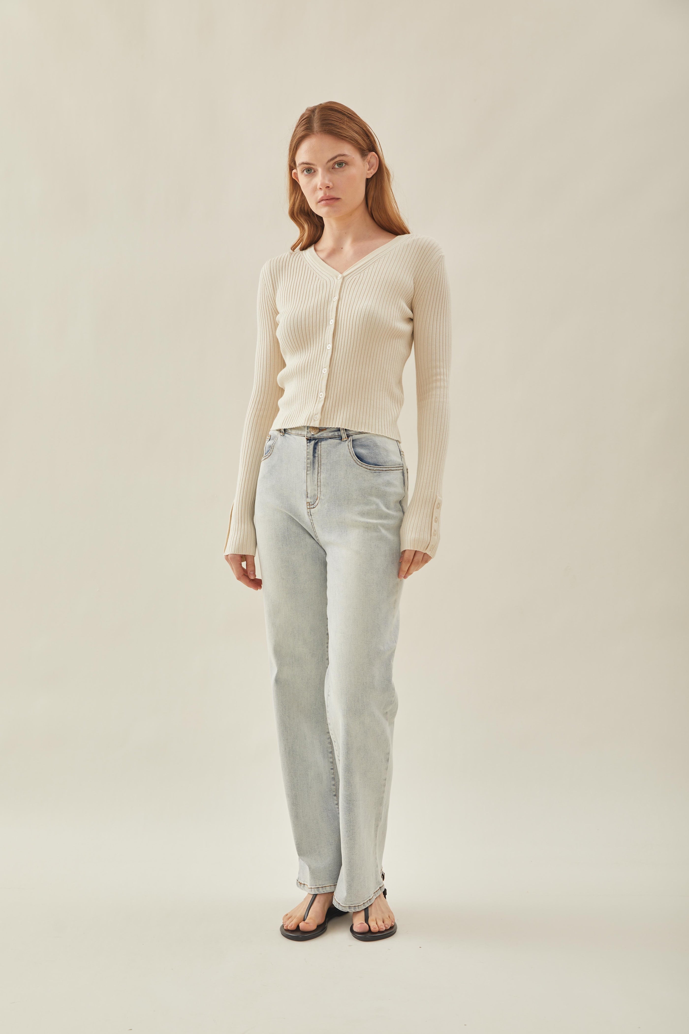 Ribbed Knit Button Down Cardigan in Shell