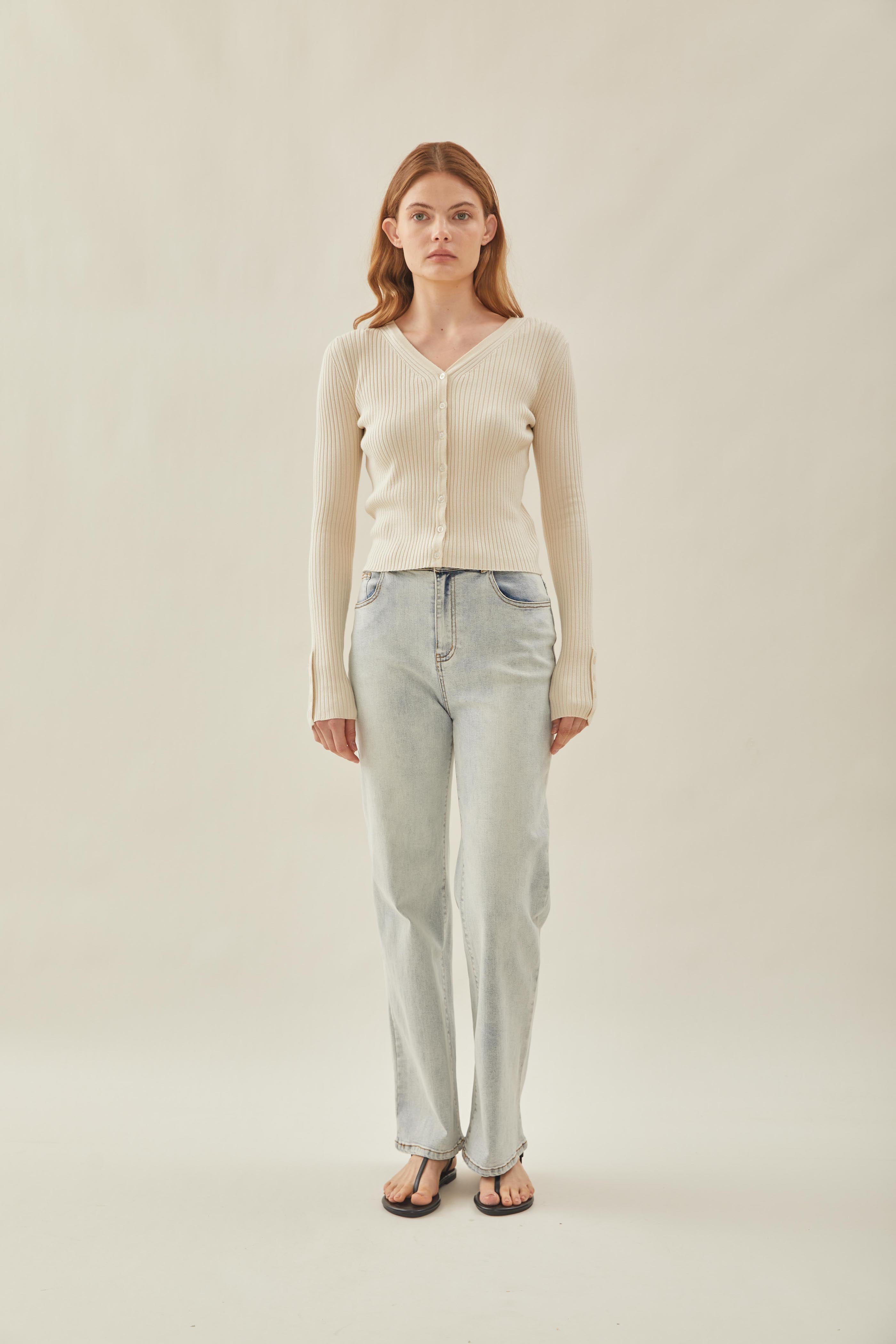 Ribbed Knit Button Down Cardigan in Shell