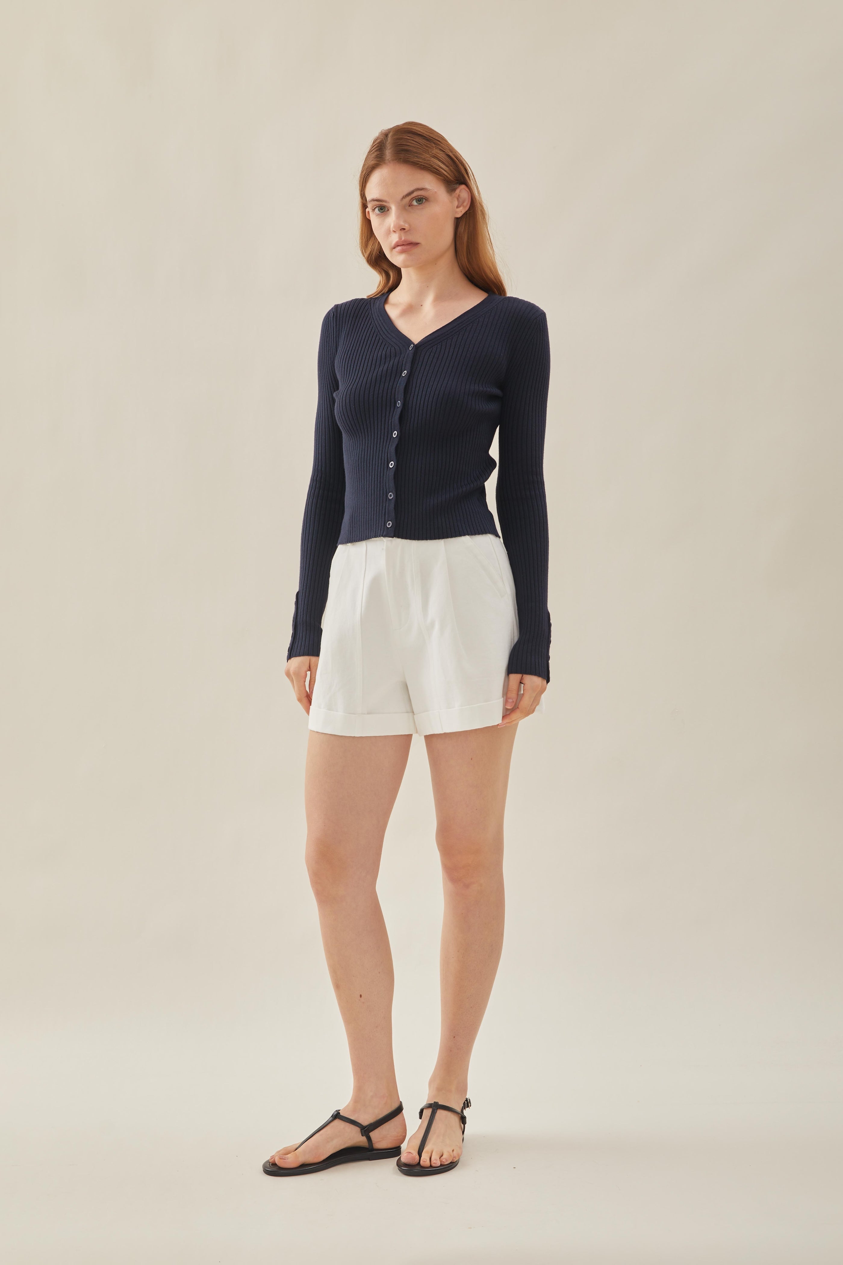 Ribbed Knit Button Down Cardigan in Midnight