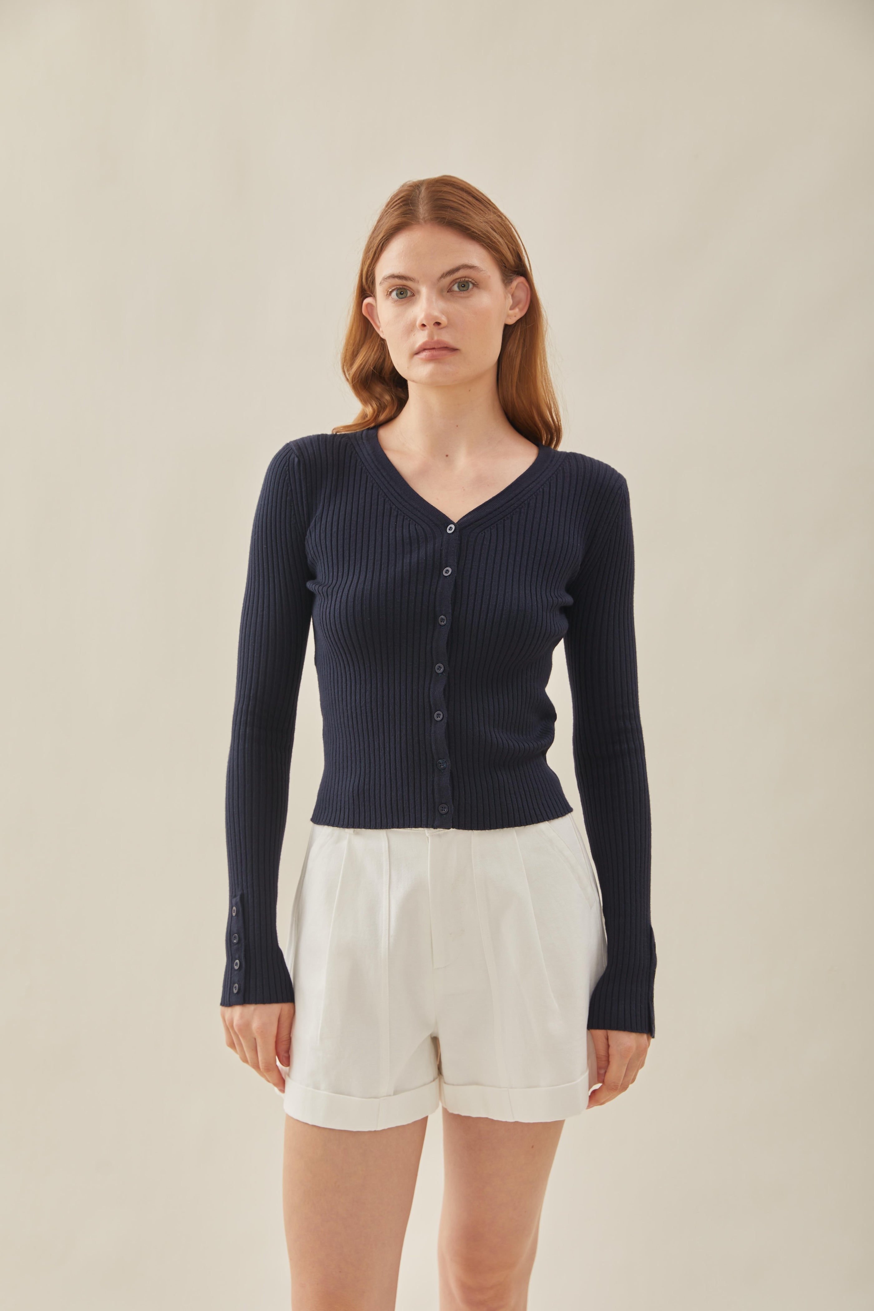 Ribbed Knit Button Down Cardigan in Midnight