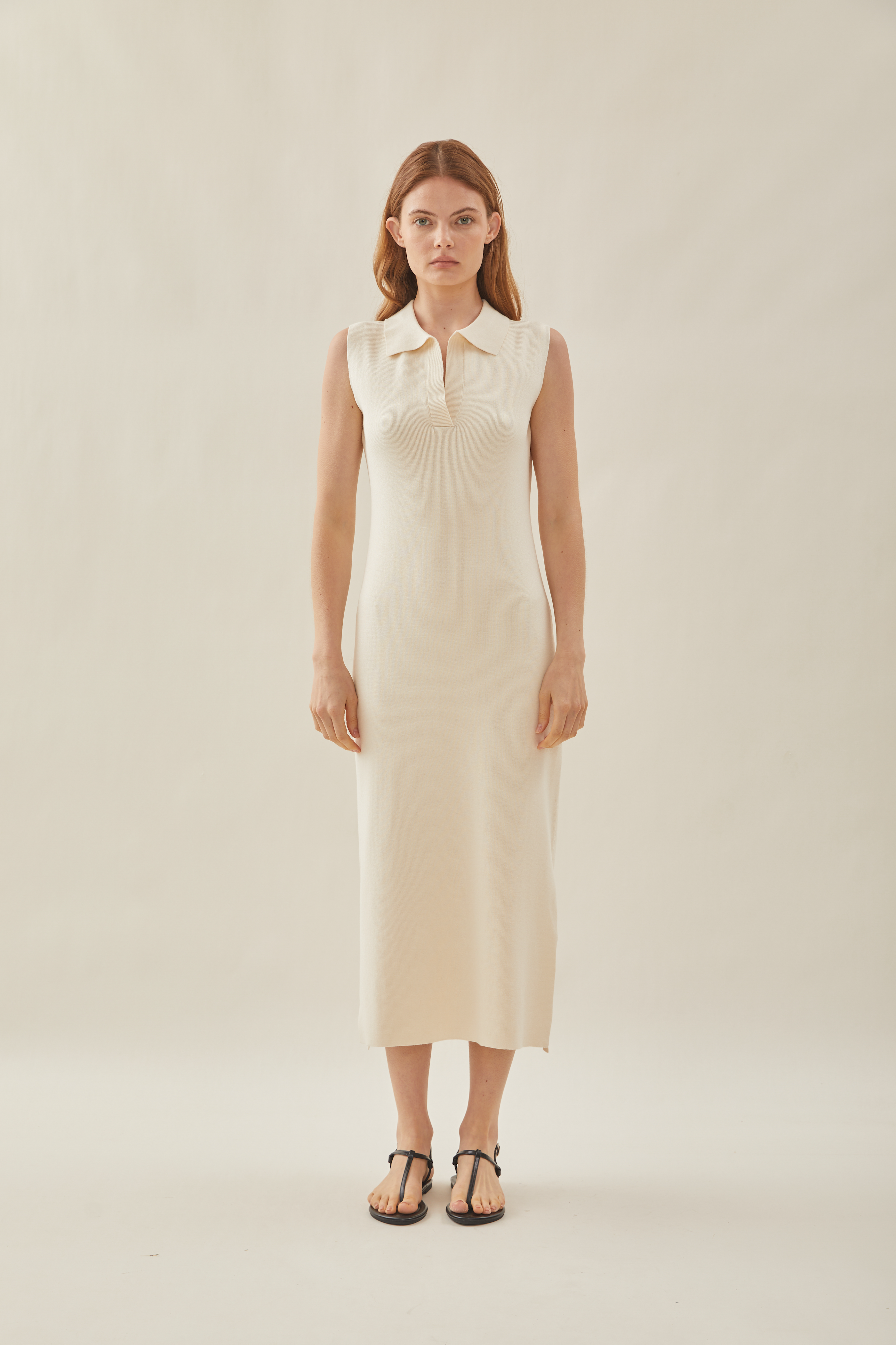 Collared Sleeveless Knit Shift Dress in Natural