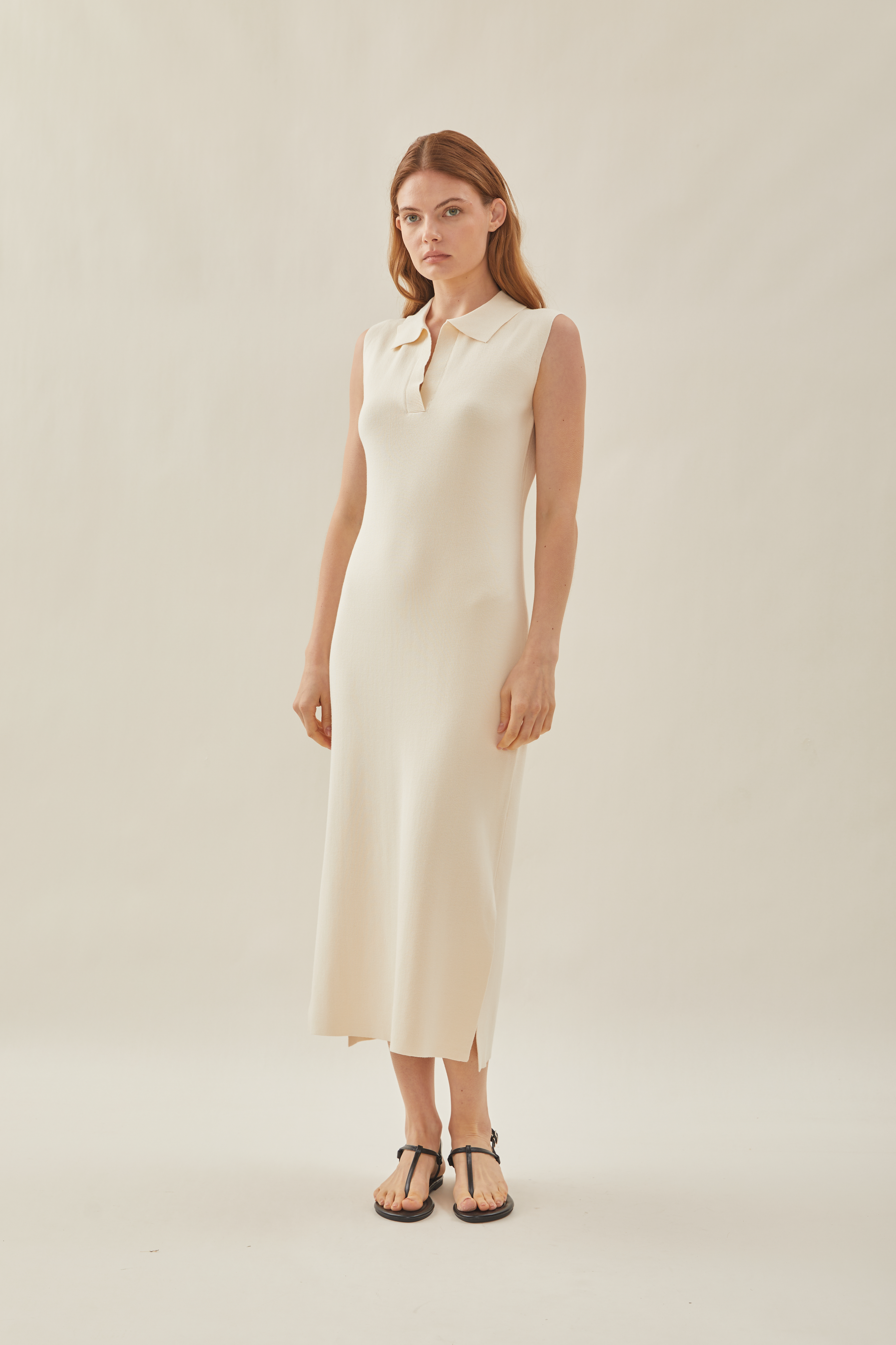 Collared Sleeveless Knit Shift Dress in Natural