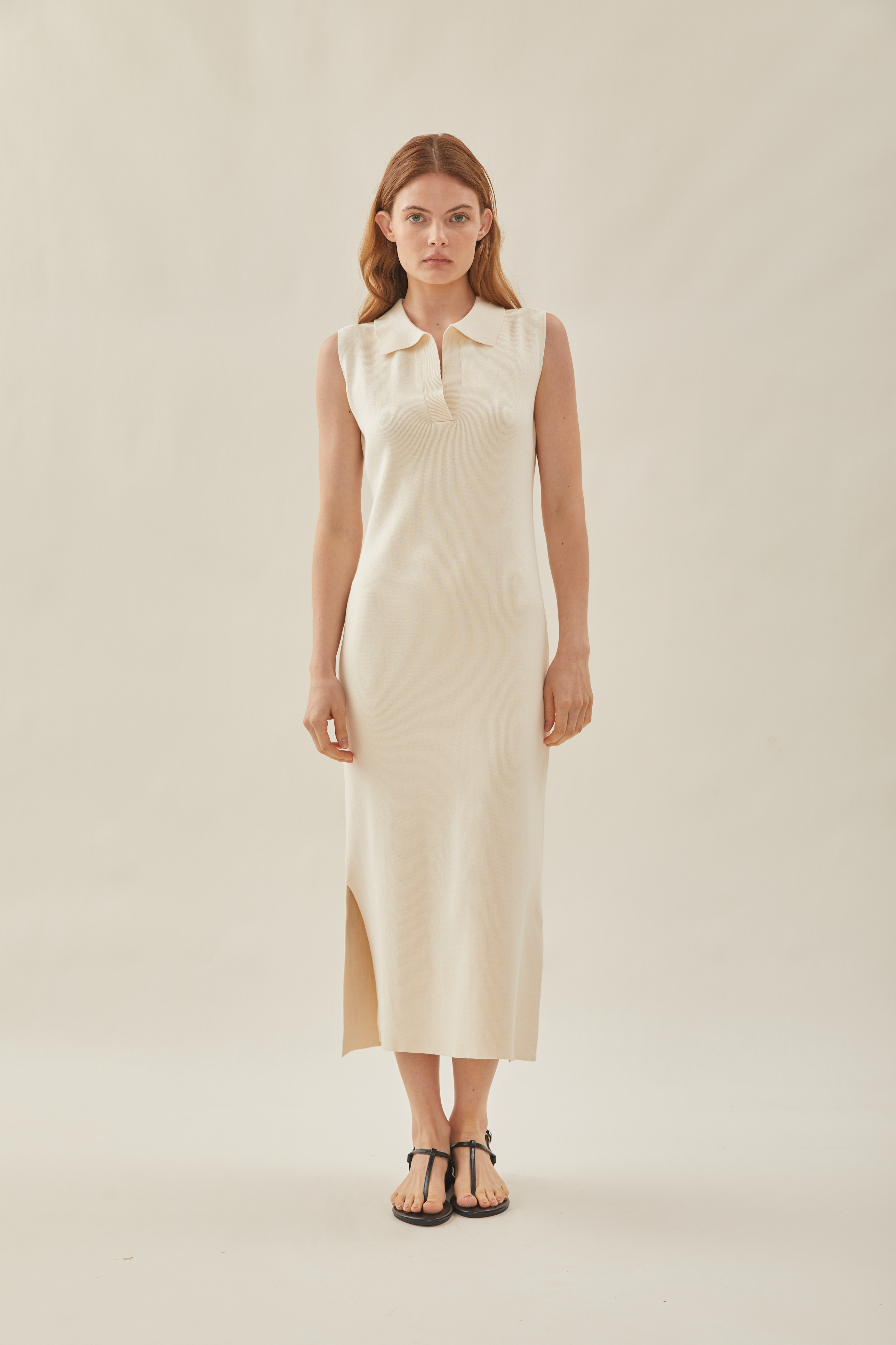 Collared Sleeveless Knit Shift Dress in Natural