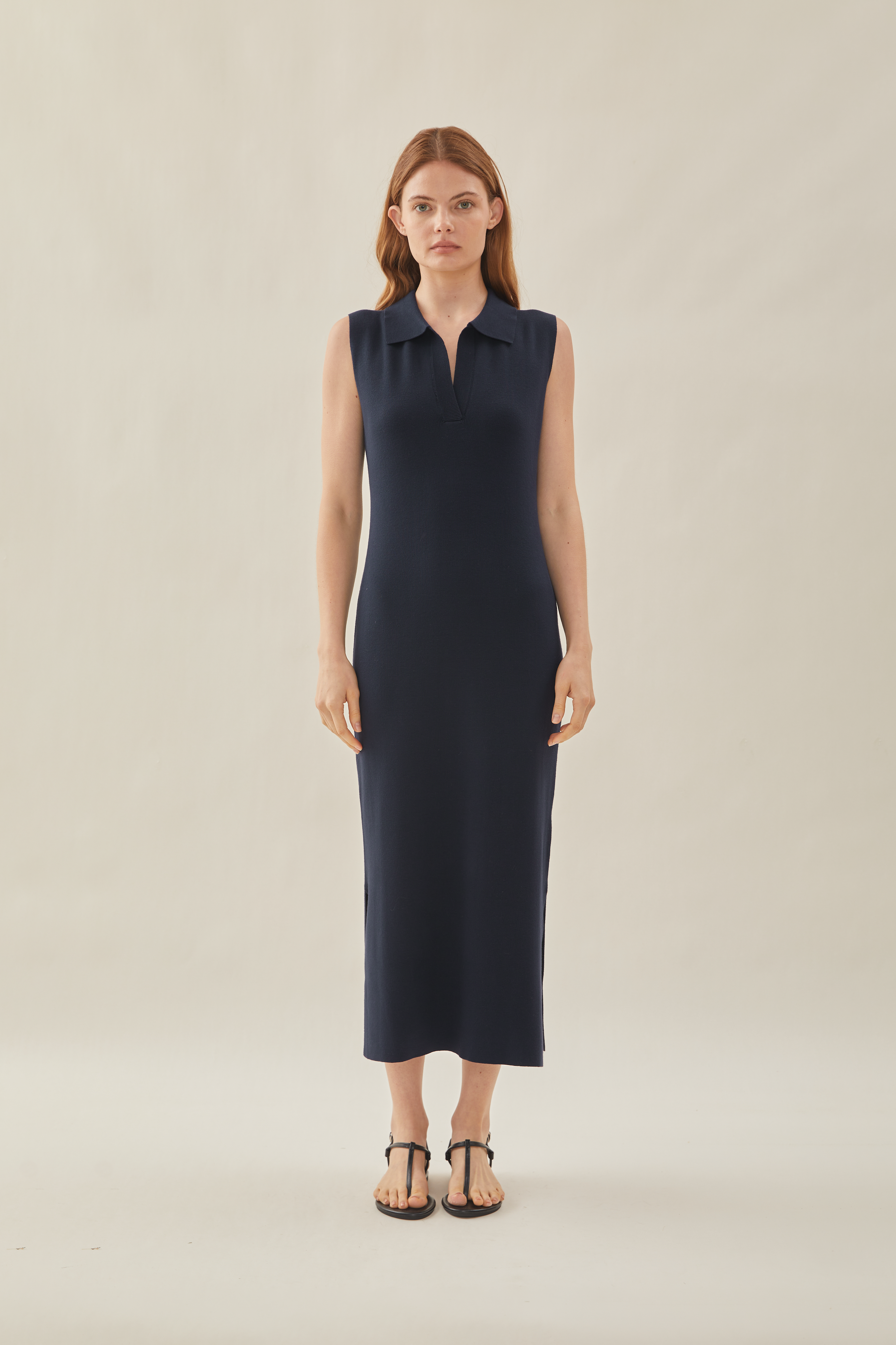 Collared Sleeveless Knit Shift Dress in Midnight