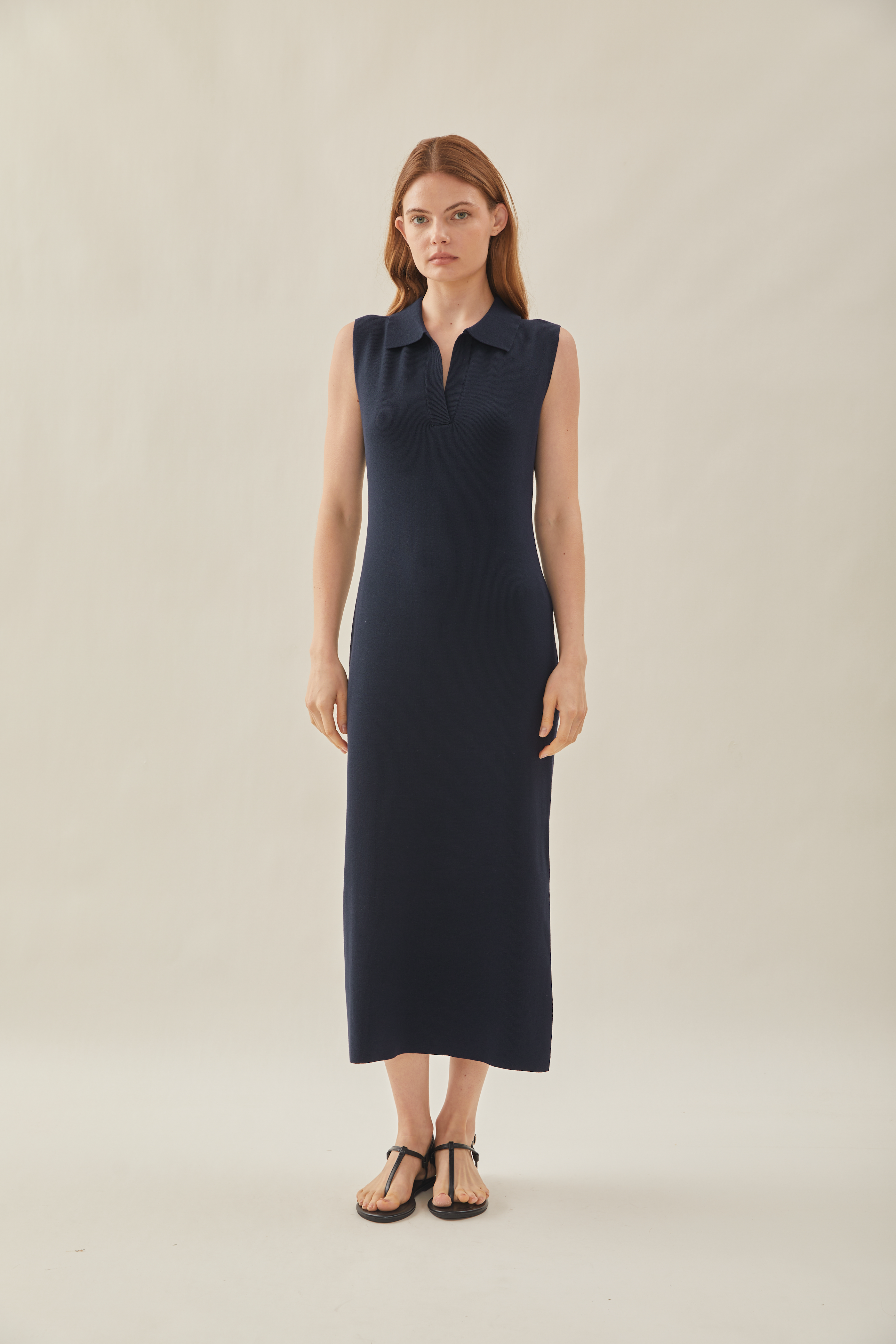 Collared Sleeveless Knit Shift Dress in Midnight