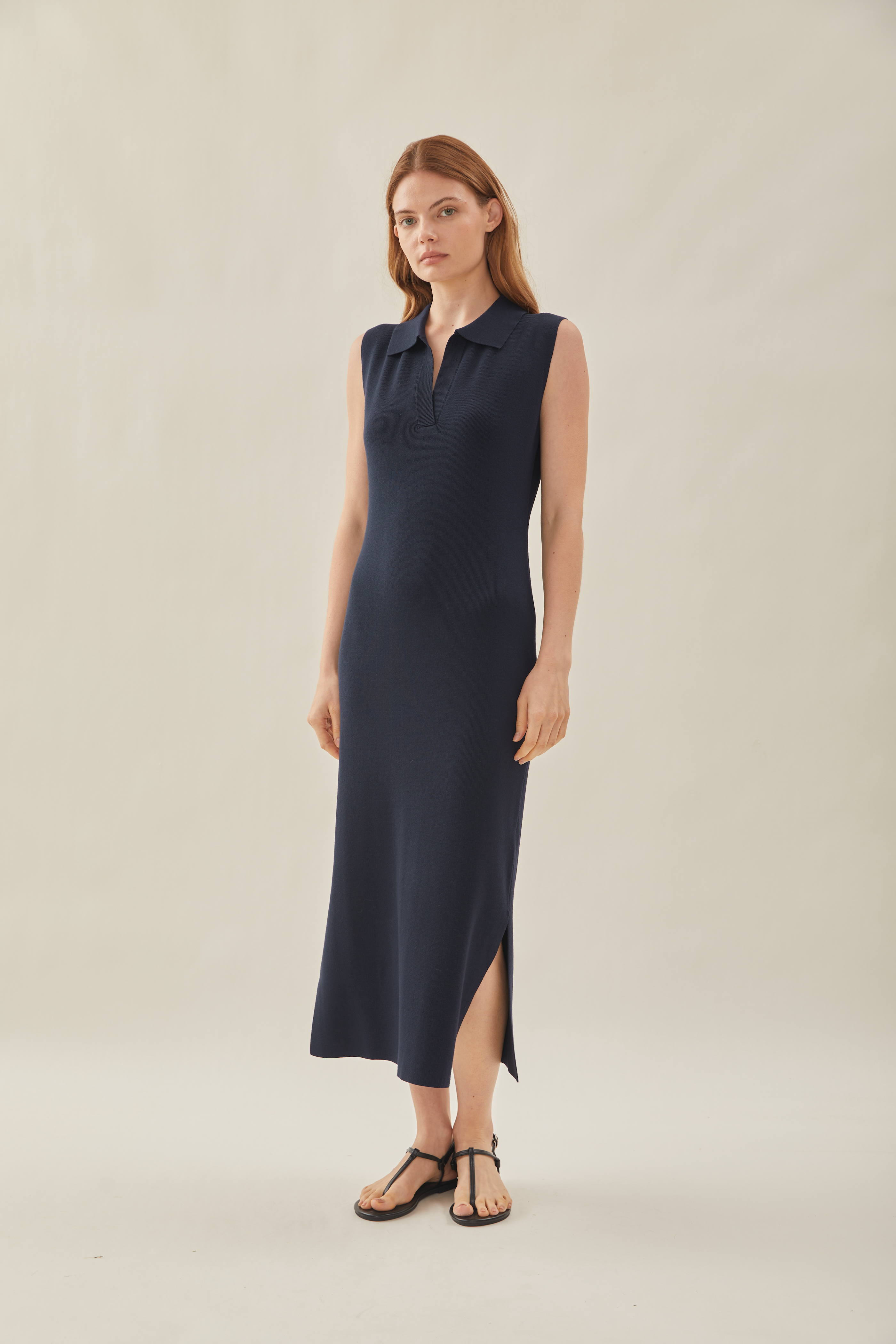 Collared Sleeveless Knit Shift Dress in Midnight