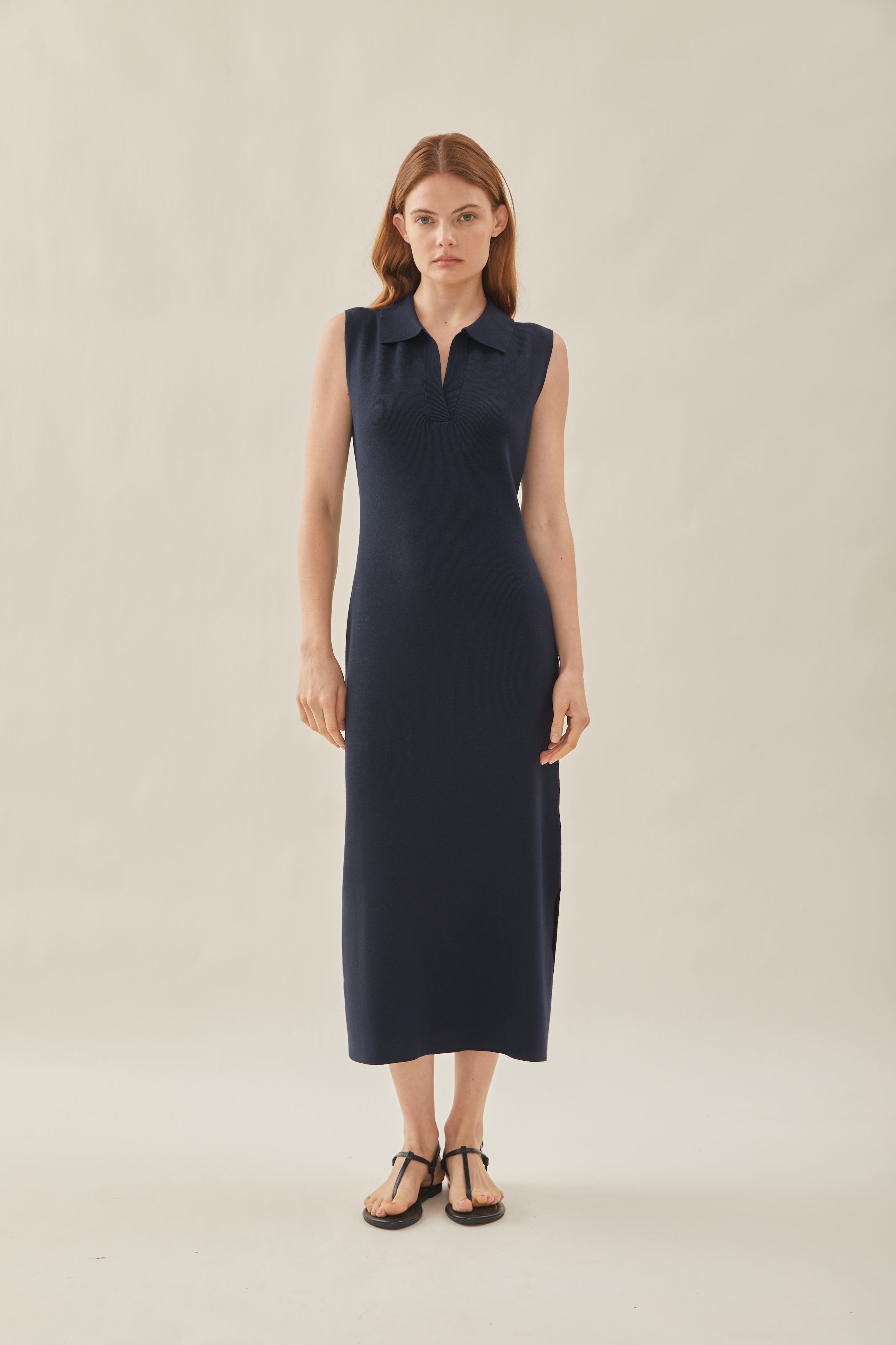 Collared Sleeveless Knit Shift Dress in Midnight