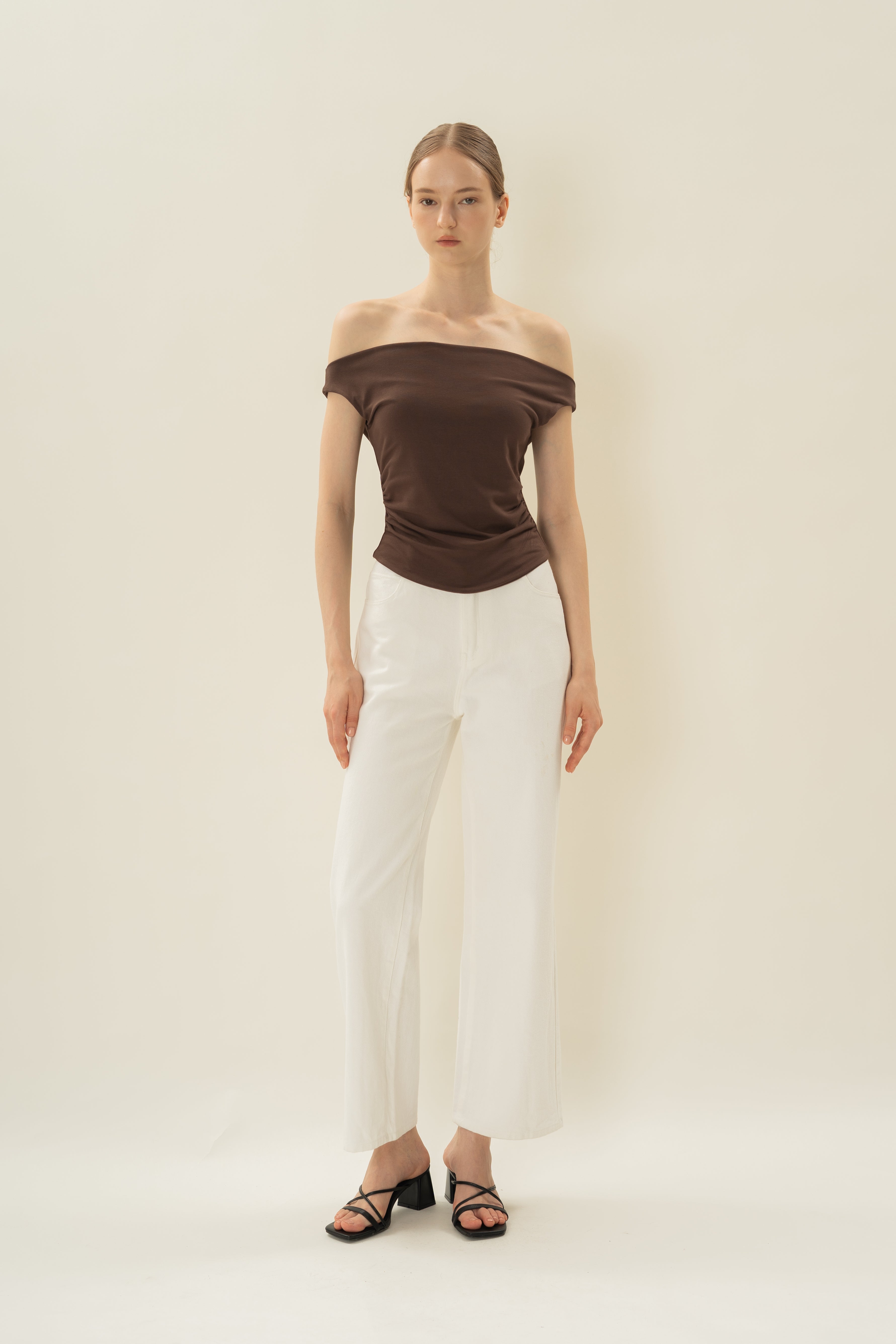 Off Shoulder Ruched Waist Top in Umber