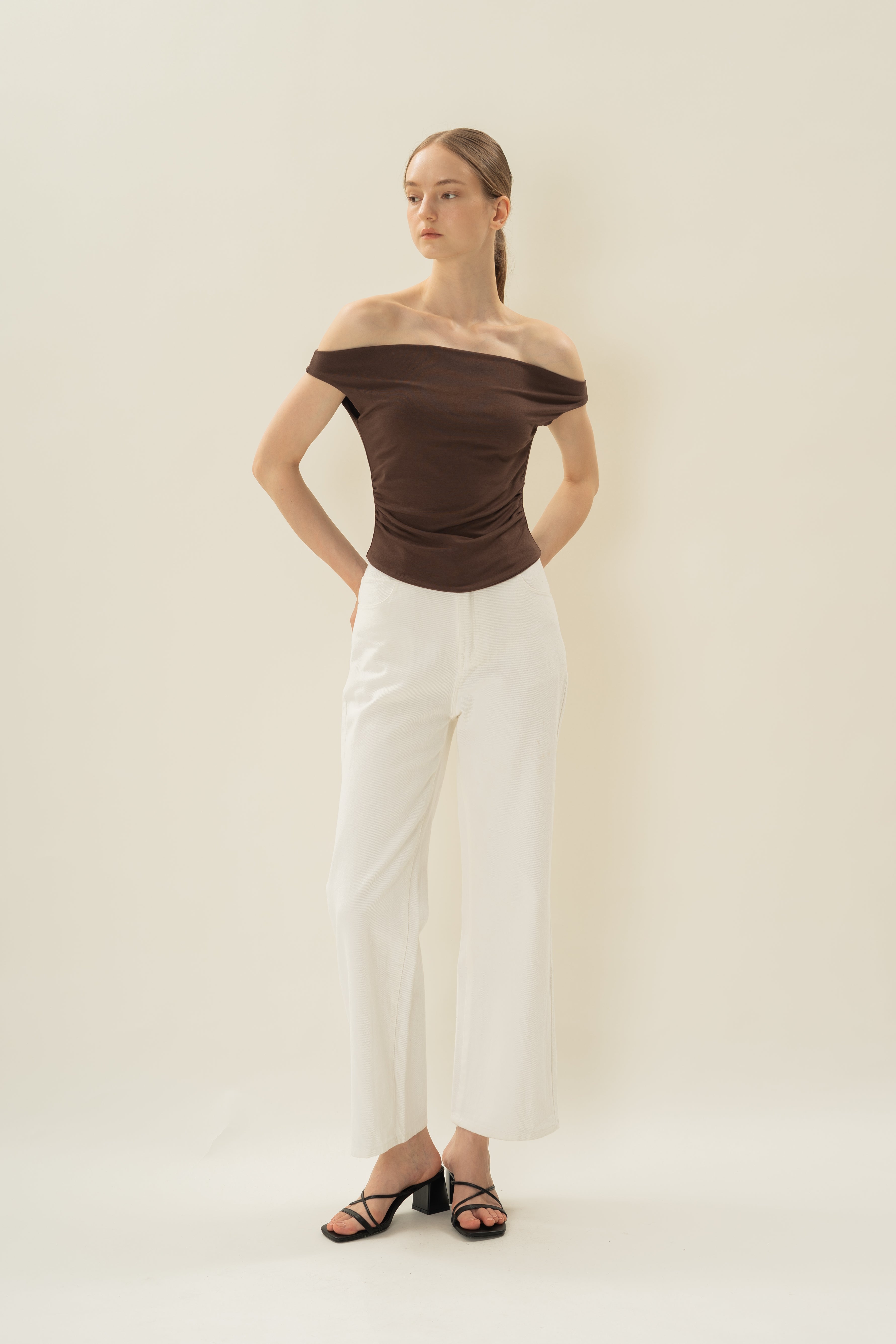Off Shoulder Ruched Waist Top in Umber
